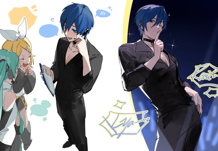 1boy 2girls black_choker black_hair black_pants black_shirt blank_speech_bubble blue_eyes blue_hair blue_nails bokyo cheering choker contrapposto english_text finger_to_mouth flying_sweatdrops from_above grin hair_between_eyes hand_on_own_hip hatsune_miku highres kagamine_rin kaito_(guilty)_(vocaloid) kaito_(vocaloid) looking_at_viewer multiple_girls multiple_views one_eye_closed pants partially_unbuttoned project_diva_(series) project_diva_f shirt short_hair shushing sketch smile sparkle speech_bubble spoken_blush three-quarter_sleeves vocaloid