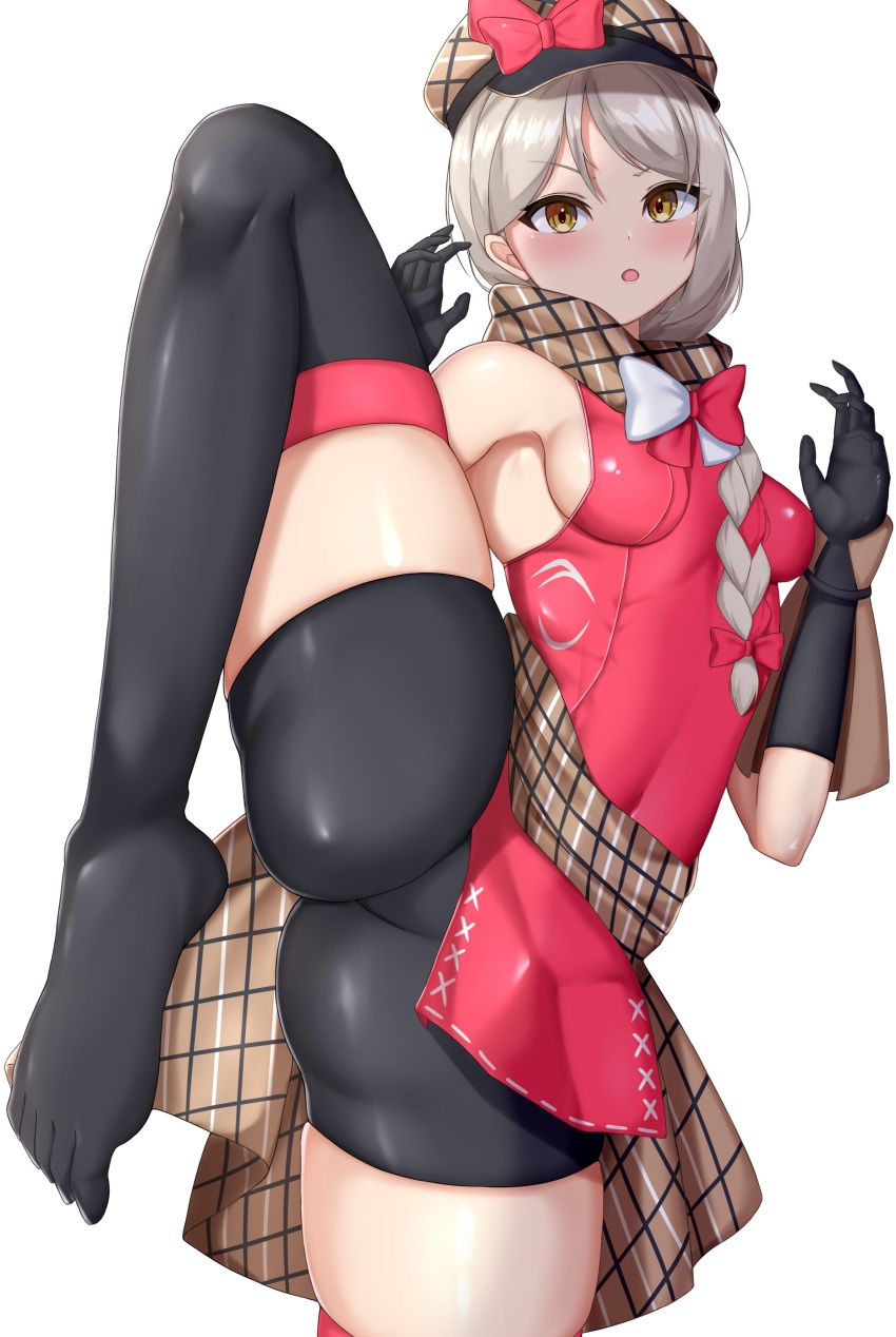 1girl :o absurdres armpits ass black_gloves black_shorts black_thighhighs blonde_hair bow braid breasts brown_scarf deerstalker dress fighting_stance fire_emblem fire_emblem_engage flannel framme_(fire_emblem) gloves hat hat_ribbon highres long_hair martial_arts medium_breasts multicolored_hair nintendo open_mouth pink_bow pink_dress pink_hair plaid_clothes plaid_headwear plaid_scarf ribbon scarf sharen shorts sideboob single_braid sleeveless sleeveless_dress small_breasts solo split standing standing_on_one_leg standing_split thick_thighs thighhighs thighs toe_socks toes two-tone_hair v-shaped_eyebrows white_background wrist_guards yellow_eyes
