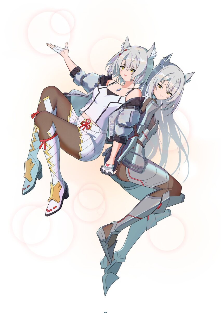 2girls animal_ear_fluff animal_ears armor black_bodysuit bodysuit boots breasts cat_ears cat_girl chest_jewel closed_mouth commentary dated_commentary full_body grey_hair grey_jacket hehe_jun high_heel_boots high_heels highres holding_hands jacket long_hair m_(xenoblade) medium_breasts medium_hair midriff_peek mio_(xenoblade) multiple_girls navel open_clothes open_jacket open_mouth pantyhose simple_background skirt smile white_background white_footwear white_skirt xenoblade_chronicles_(series) xenoblade_chronicles_3 yellow_eyes