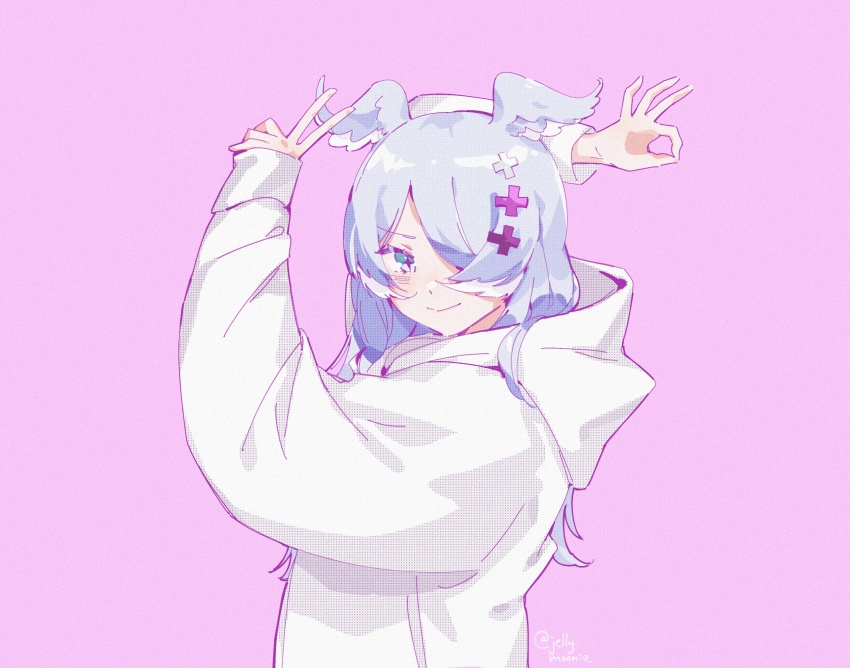 +_+ 1girl blue_hair blush dragon_girl elira_pendora hair_over_one_eye head_wings highres hood hoodie looking_to_the_side moonie nijisanji nijisanji_en ok_sign one_eye_covered purple_background smile solo twitter_username upper_body v virtual_youtuber white_hoodie wings