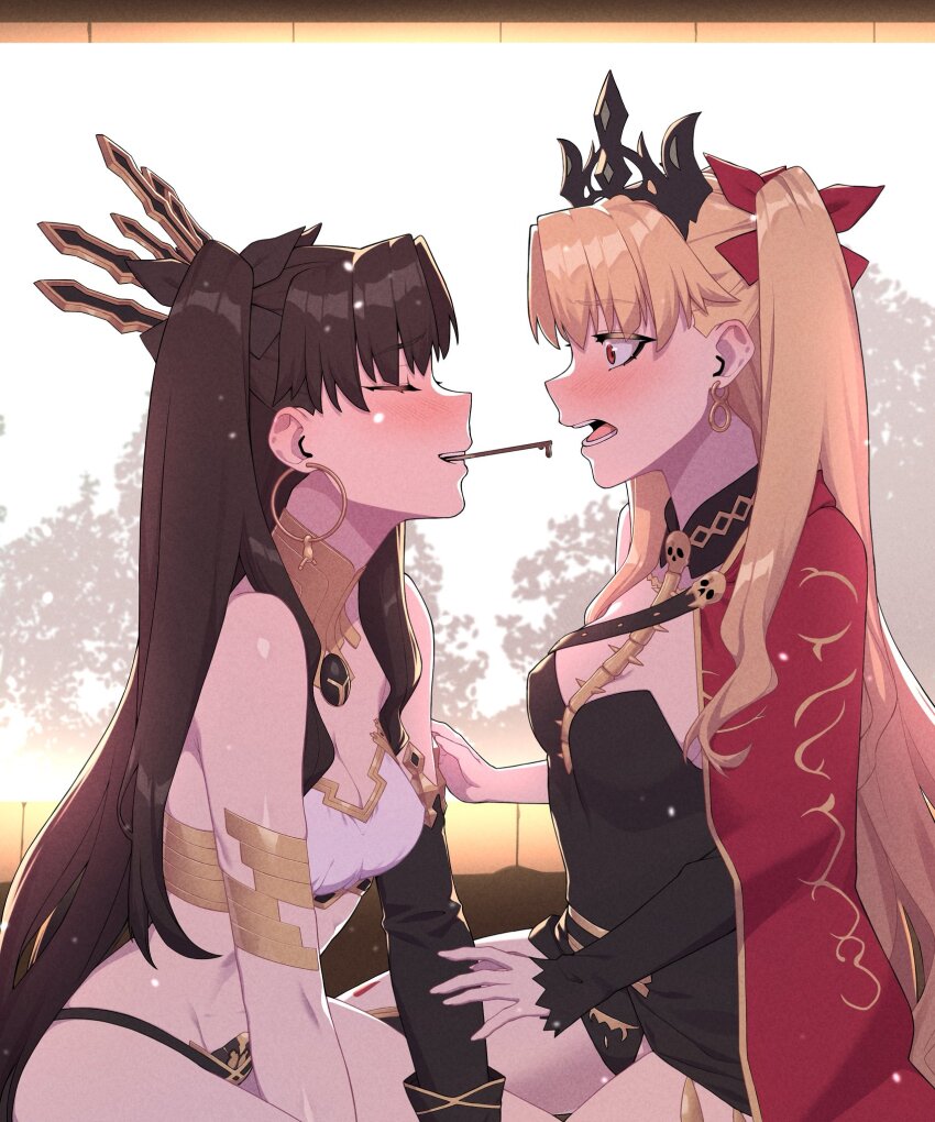2girls bare_shoulders blonde_hair blush breasts brown_hair cleavage commentary earrings english_commentary ereshkigal_(fate) fate/grand_order fate_(series) food highres hoop_earrings hyperbudd ishtar_(fate) jewelry long_hair medium_breasts multiple_girls open_mouth parted_bangs pocky red_eyes tiara two_side_up
