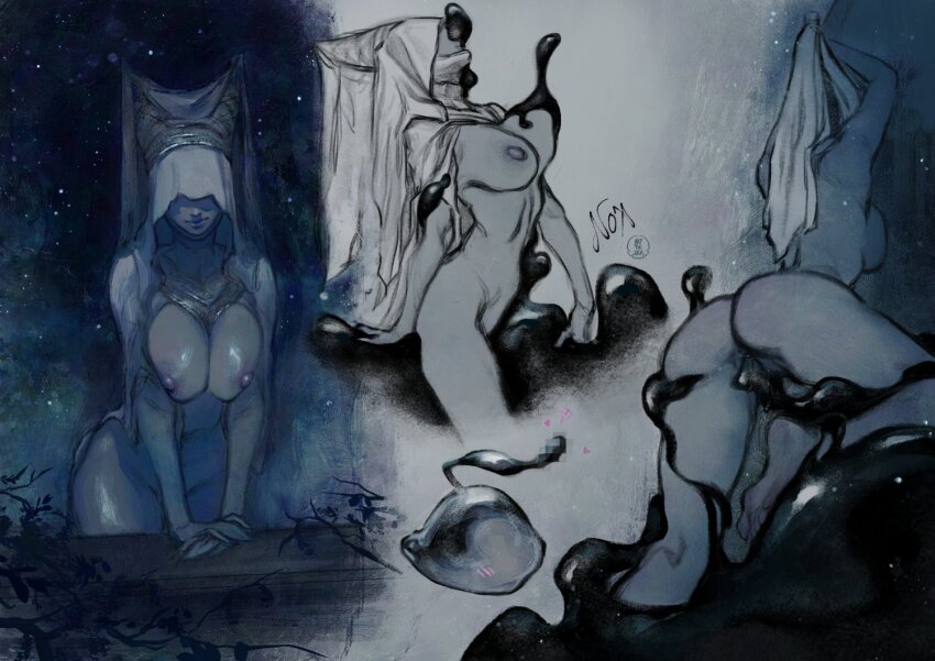 1girl ass breasts breasts_squeezed_together closed_mouth colored_skin commentary covered_eyes elden_ring english_commentary grey_skin groping headdress heart large_breasts leaning_forward multiple_views nat_the_lich night_maiden_(elden_ring) nipple_stimulation nude open_mouth pussy silver_tear_(elden_ring) sky slime_(substance) slime_sex smile star_(sky) starry_sky vaginal veil