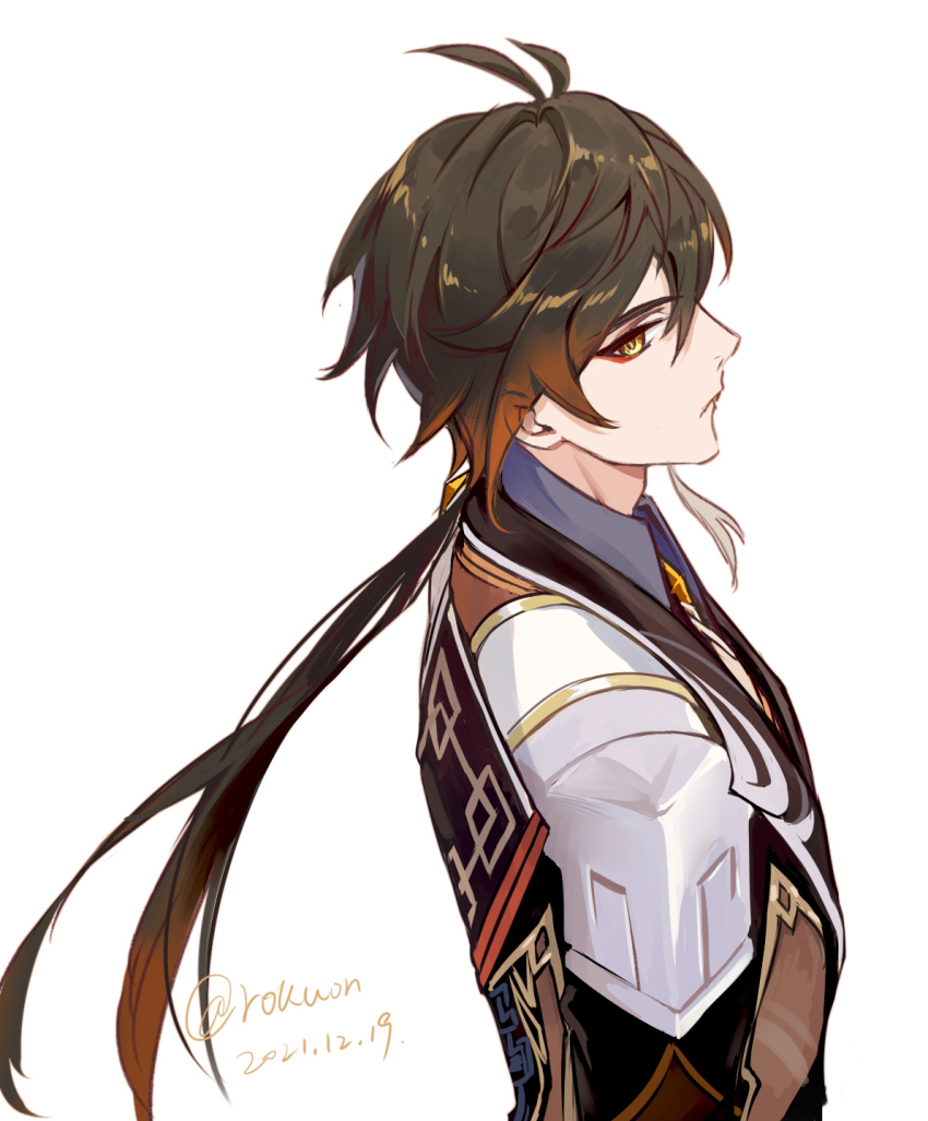 1boy antenna_hair black_gloves brooch brown_eyes brown_hair brown_jacket closed_mouth coat collared_shirt colored_tips commentary_request crossed_arms dated diamond-shaped_pupils diamond_(shape) earrings eyelashes eyeliner from_side gem genshin_impact gloves gradient_hair hair_between_eyes highres jacket jewelry low_ponytail male_focus multicolored_hair necktie ponytail red_eyeliner rokuon shirt short_hair_with_long_locks sidelocks sideways_glance simple_background single_earring solo symbol-shaped_pupils tassel tassel_earrings twitter_username vest white_background white_necktie wing_collar zhongli_(genshin_impact)
