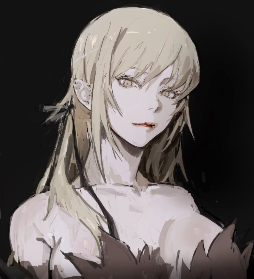 1girl bare_shoulders black_ribbon blonde_hair blood_on_mouth breasts cleavage collarbone dress elbow_gloves feather-trimmed_dress feather-trimmed_gloves feather_trim gloves grey_background hair_ribbon highres kiss-shot_acerola-orion_heart-under-blade kizumonogatari large_breasts long_hair looking_at_viewer monogatari_(series) oshino_shinobu pointy_ears ribbon simple_background solo strapless strapless_dress taki_(a313131333) vampire very_long_hair yellow_eyes