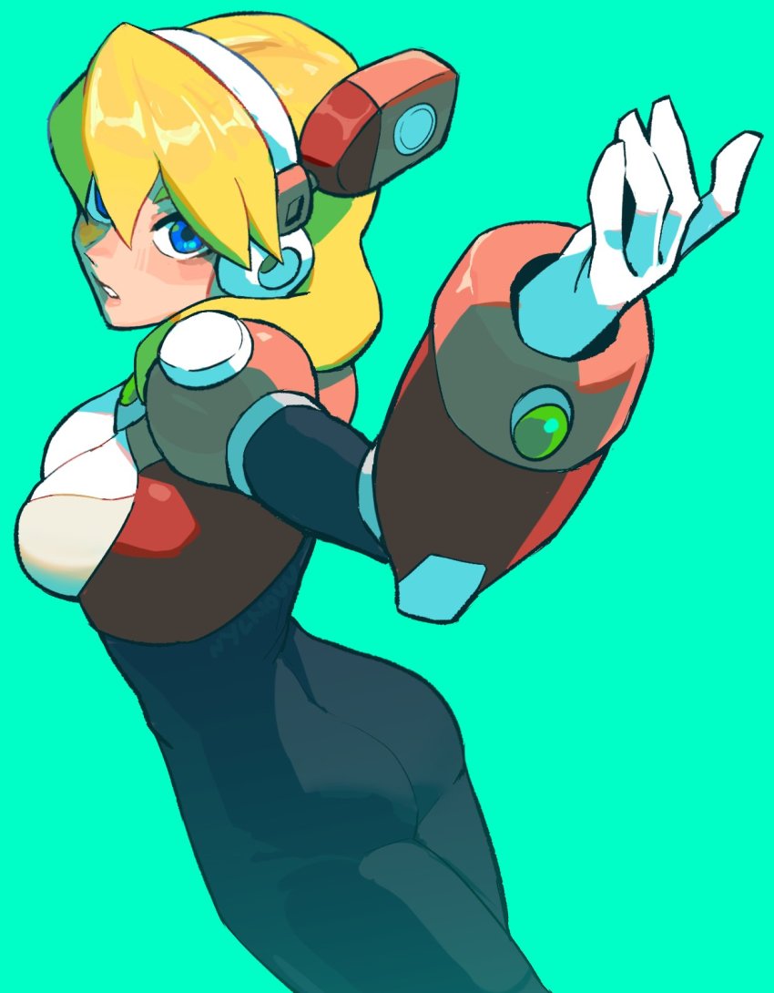 1girl alia alia_(mega_man) android armor ass blonde_hair blue_eyes blush bodysuit breasts gloves green_background headset highres large_breasts long_hair looking_at_viewer mega_man_(series) mega_man_x_(series) mega_man_x_dive nycnouu parted_lips robot_ears simple_background smile solo white_gloves
