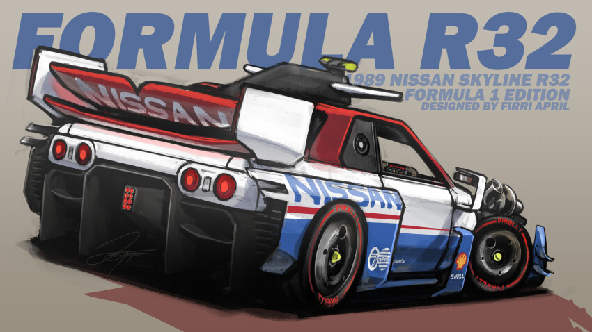absurdres artist_name car commentary english_commentary firri_april from_behind grey_background highres motor_vehicle nissan nissan_skyline nissan_skyline_gt-r nissan_skyline_r32 original pirelli race_vehicle racecar shadow shell_(company) signature spoiler_(automobile) sponsor vehicle_name