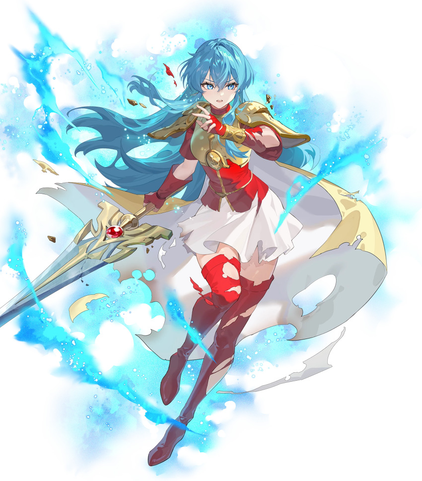 1girl aqua_eyes aqua_hair armor aura boots breastplate cape damaged eirika_(fire_emblem) fingerless_gloves fire_emblem fire_emblem_engage fire_emblem_heroes gloves high_heel_boots high_heels highres holding holding_sword holding_weapon long_hair multicolored_cape nintendo non-web_source official_art parted_lips red_gloves shoulder_pads skirt solo sword thigh_boots torn_cape torn_clothes v-shaped_eyebrows weapon white_cape white_skirt yellow_cape