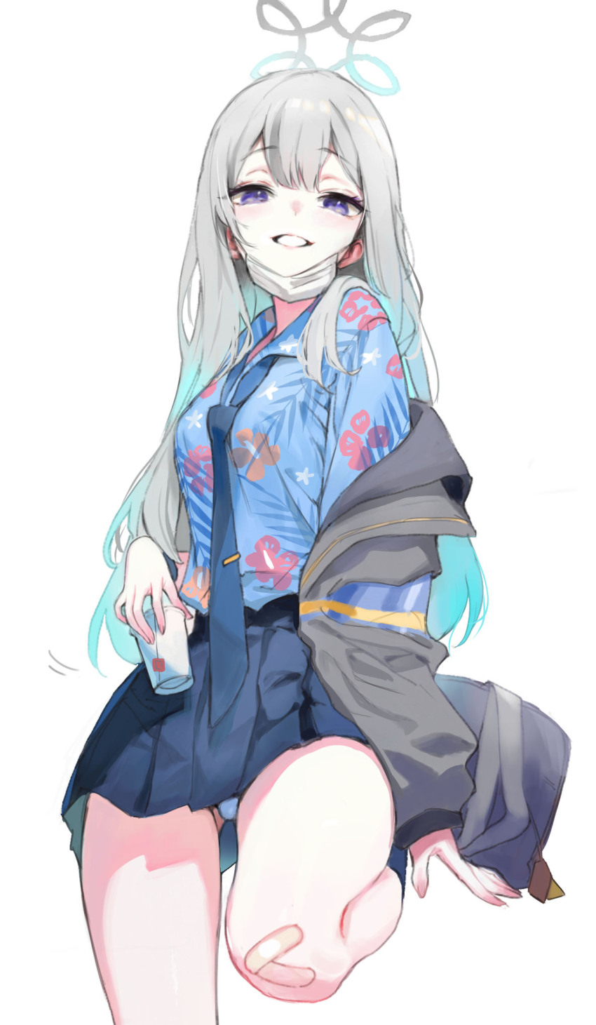 1girl bandaid bandaid_on_knee bandaid_on_leg blue_archive blue_hair blue_necktie blue_panties blue_shirt blue_skirt collared_shirt commentary_request cup disposable_cup floral_print grey_hair grey_jacket halo hawaiian_shirt highres holding holding_cup jacket konoka_(blue_archive) long_hair long_sleeves looking_at_viewer mask mask_pull mouth_mask multicolored_hair necktie off_shoulder open_clothes open_jacket panties pleated_skirt print_shirt puffy_long_sleeves puffy_sleeves purple_eyes shirt simple_background skirt sleeves_past_wrists smile solo surgical_mask two-tone_hair underwear very_long_hair white_background youta