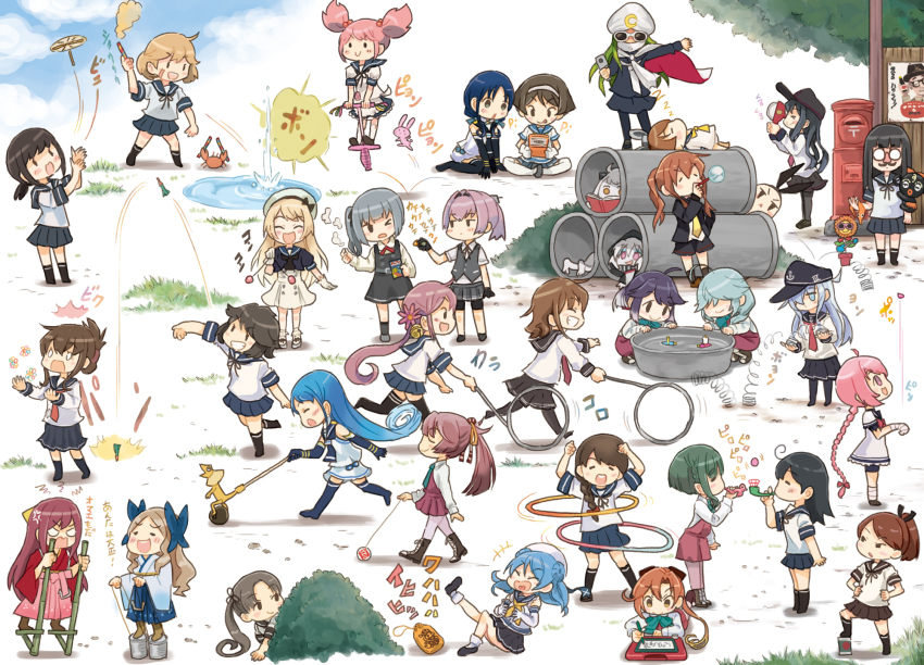 +++ 3others 6+girls ^^^ ^_^ abyssal_ship ahoge akatsuki_(kancolle) akebono_(kancolle) akigumo_(kancolle) anchor_symbol anger_vein animal asakaze_(kancolle) ayanami_(kancolle) bandaid bandaid_on_face bell black_hair black_headwear black_ribbon blonde_hair blue_eyes blue_hair blue_ribbon blush book braid brown_hair bush can cape closed_eyes closed_mouth crab crescent crescent_pin double_bun flat_cap flower folded_ponytail fubuki_(kancolle) fumizuki_(kancolle) groucho_glasses glasses green_eyes green_hair grey_hair grin hair_bell hair_between_eyes hair_bobbles hair_bun hair_flower hair_ornament hair_ribbon hairband hamanami_(kancolle) hat hatsuyuki_(kancolle) hayanami_(kancolle) hibiki_(kancolle) highres hoop hoop_rolling horns ikazuchi_(kancolle) inazuma_(kancolle) industrial_pipe jervis_(kancolle) jingle_bell kamikaze_(kancolle) kantai_collection kasumi_(kancolle) kasumi_kai_ni_(kancolle) kazagumo_(kancolle) laughing light_brown_hair lizard long_hair miyuki_(kancolle) motion_lines multiple_girls multiple_others nagatsuki_(kancolle) nenohi_(kancolle) northern_ocean_princess oboro_(kancolle) one_eye_closed open_mouth orange_eyes pet pink_eyes pink_flower pink_hair pogo_stick pond ponytail postbox_(outgoing_mail) purple_hair rabbit re-class_battleship reading ribbon saiguchi_otoufu sailor_hat samidare_(kancolle) sazanami_(kancolle) shikinami_(kancolle) shimakaze_(kancolle) shiranui_(kancolle) short_hair short_ponytail shouwa side_ponytail single_braid sleeping smile spring_(object) stilts sunglasses suzukaze_(kancolle) takanami_(kancolle) tanikaze_(kancolle) tongue tongue_out translation_request twintails urakaze_(kancolle) uranami_(kancolle) ushio_(kancolle) white_hair white_hairband white_headwear yellow_ribbon yo-yo yukikaze_(kancolle) zzz