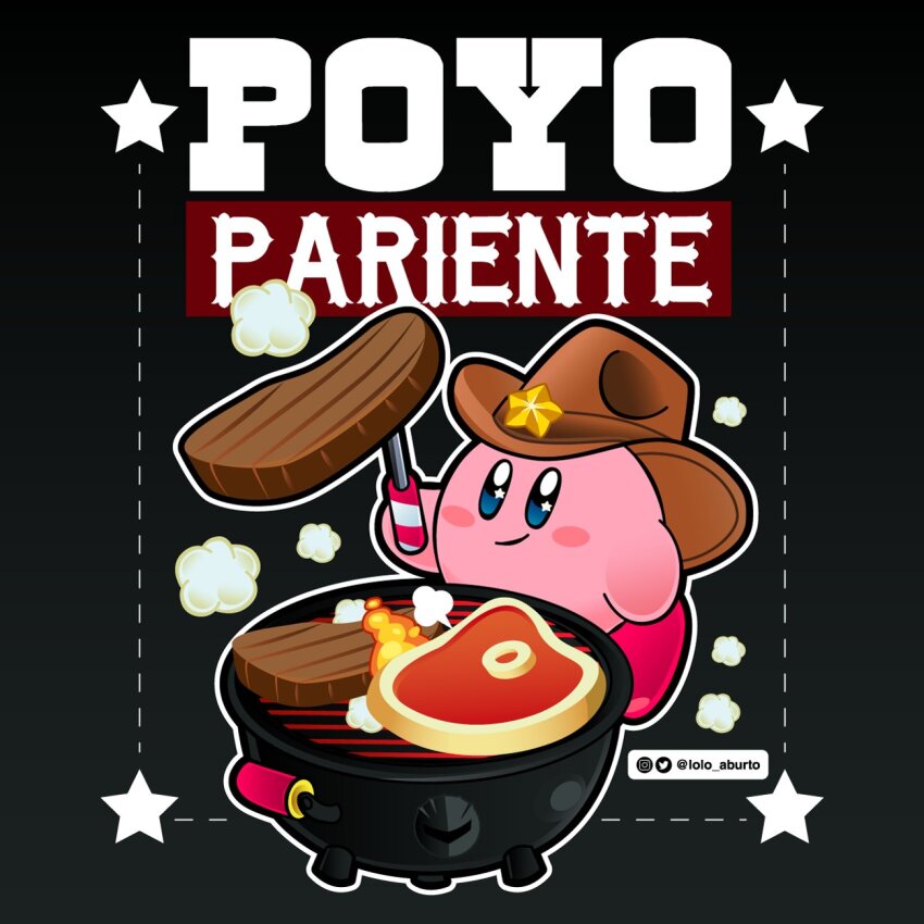 black_background blush_stickers brown_hat colored_skin cooking cowboy_hat food grill grilling hat highres kirby kirby_(series) lolo_aburto nintendo no_humans outline pink_skin solid_oval_eyes spanish_commentary star_(symbol) steak white_outline