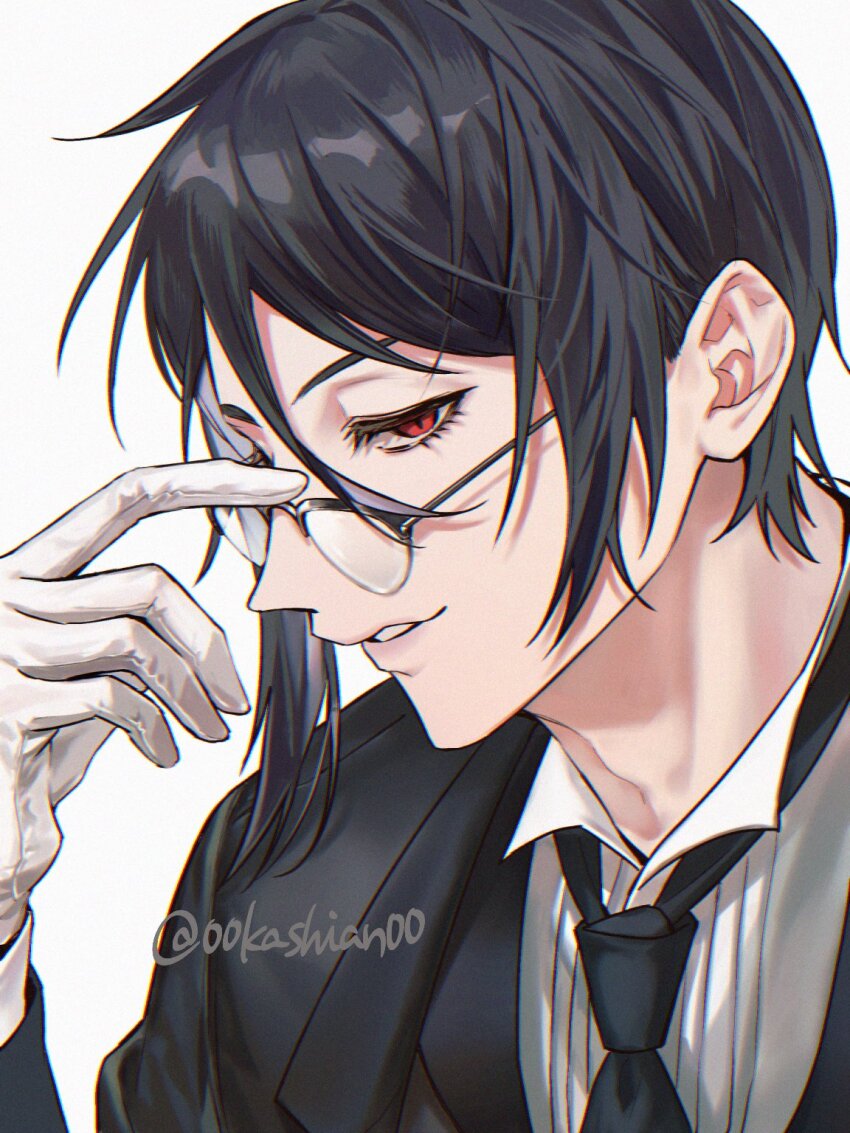 00kashian00 1boy black_hair black_necktie butler commentary_request glasses gloves highres kuroshitsuji loose_necktie male_focus necktie over-rim_eyewear parted_lips portrait profile red_eyes sebastian_michaelis semi-rimless_eyewear smile solo tuxedo_shirt twitter_username white_gloves