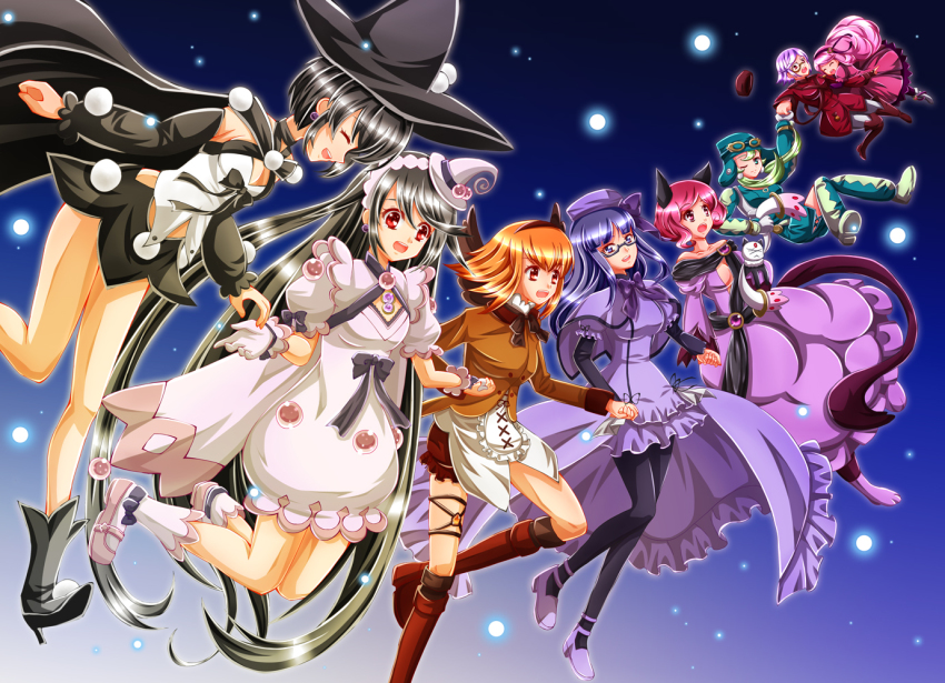 10s 6+girls ahoge animal_ears asami_saki black_hair bodysuit boots brown_hair cat_ears cling divinebuster12 dress gloves holding_hands hat juubey_(madoka_magica) kanna_nico kazumi_(madoka_magica) kazusa_michiru long_hair magical_girl mahou_shoujo_kazumi_magica mahou_shoujo_madoka_magica maki_kaoru misaki_umika multiple_girls orange_hair pantyhose pink_hair purple_hair short_hair skirt smile spoilers twintails usagi_satomi very_long_hair wakaba_mirai