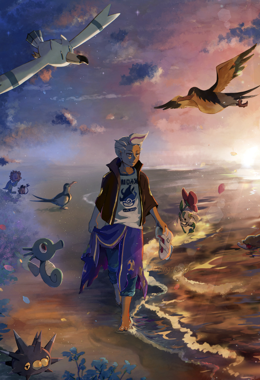1boy absurdres barefoot bird closed_mouth cloud commentary_request dedenne drayton_(pokemon) floette gen_1_pokemon gen_2_pokemon gen_3_pokemon gen_6_pokemon gen_8_pokemon highres holding holding_shoes holding_unworn_clothes horsea jacket kilowattrel male_focus multicolored_hair nintendo open_clothes open_jacket outdoors pants pants_rolled_up pincurchin pokemon pokemon_(creature) pokemon_sv ringorowasabi shirt shoes shore short_hair skrelp sky smile standing streaked_hair sunflora unworn_shoes water white_shoes wingull