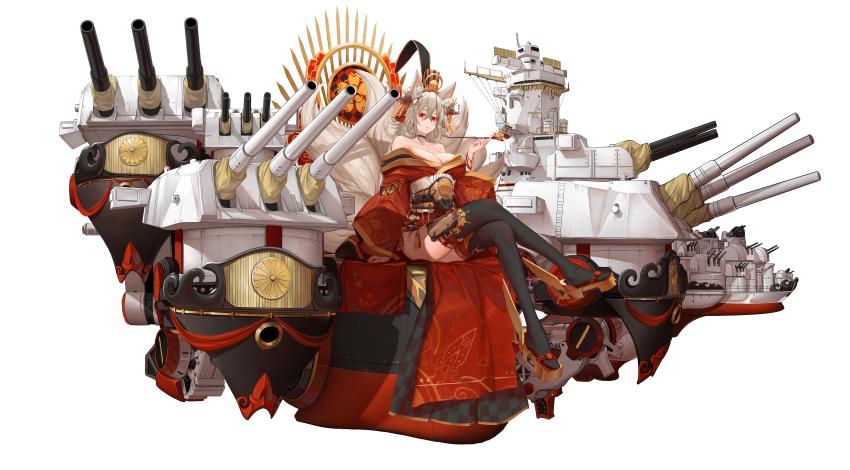 1girl absurdres animal_ears arm_support azur_lane bare_shoulders black_thighhighs breasts brown_shoes cannon commentary concept_art crossed_legs dishwasher1910 fox_ears fox_girl fox_tail geta graph hair_between_eyes hair_ornament hand_up highres holding holding_smoking_pipe japanese_clothes kimono kiseru kitsune large_breasts long_sleeves machinery multiple_views obi off_shoulder original parted_lips personification platform_heels radar_chart red_eyes red_kimono sash ship_turret shoes short_kimono simple_background sitting smoking_pipe tail thighhighs white_background wide_sleeves yamato_(dishwasher1910)