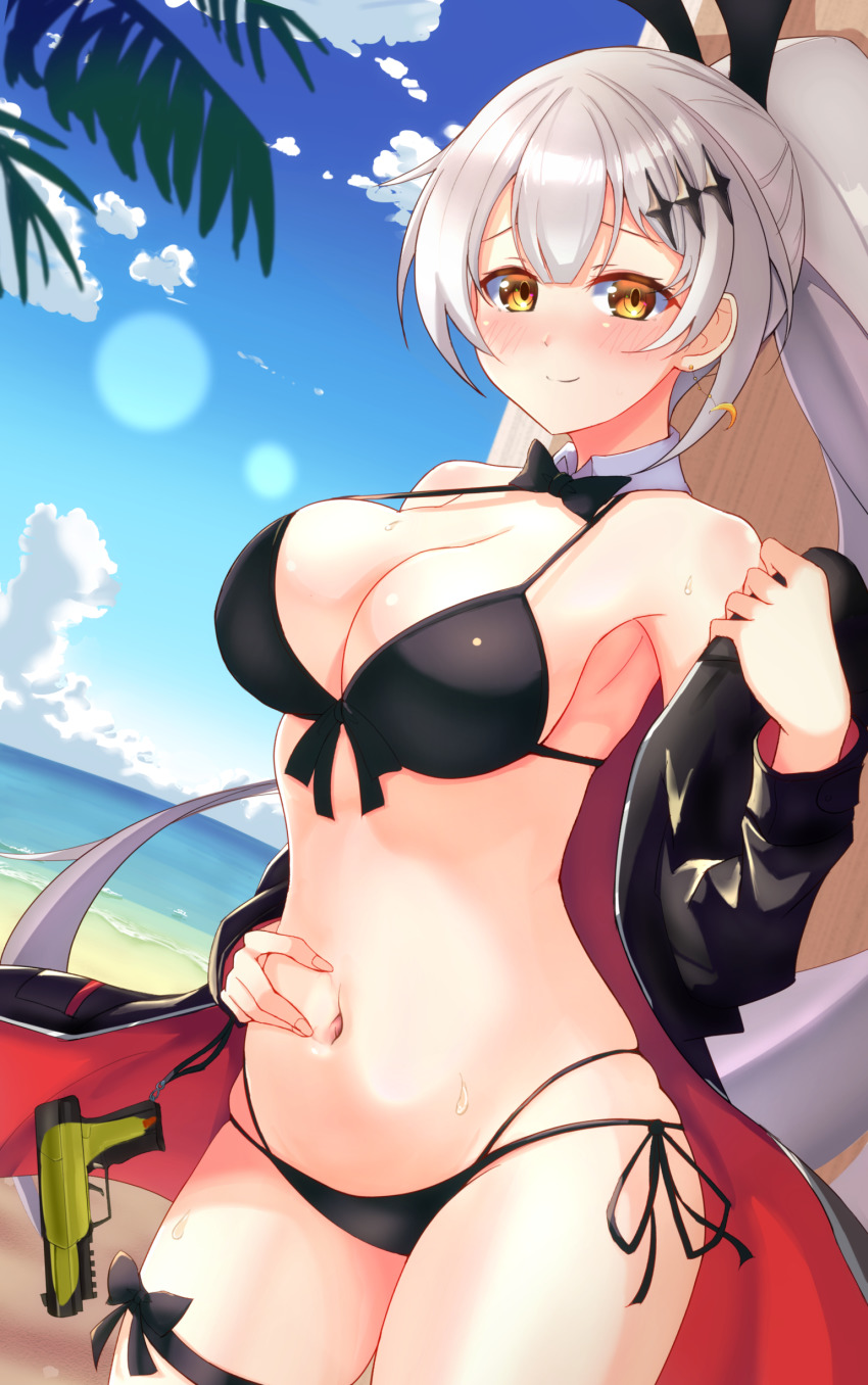 1girl absurdres beach bikini black_bikini blue_sky blush brown_eyes cloud crescent crescent_earrings earrings five-seven_(cruise_queen)_(girls&#039;_frontline) five-seven_(girls&#039;_frontline) fn_five-seven front-tie_bikini_top front-tie_top girls&#039;_frontline grey_hair gun hand_on_own_stomach handgun high_ponytail highres jewelry long_hair multi-strapped_bikini navel ocean official_alternate_costume outdoors pdw-caliber_pistol ponytail side-tie_bikini_bottom sky smile solo standing swimsuit weapon zenemo