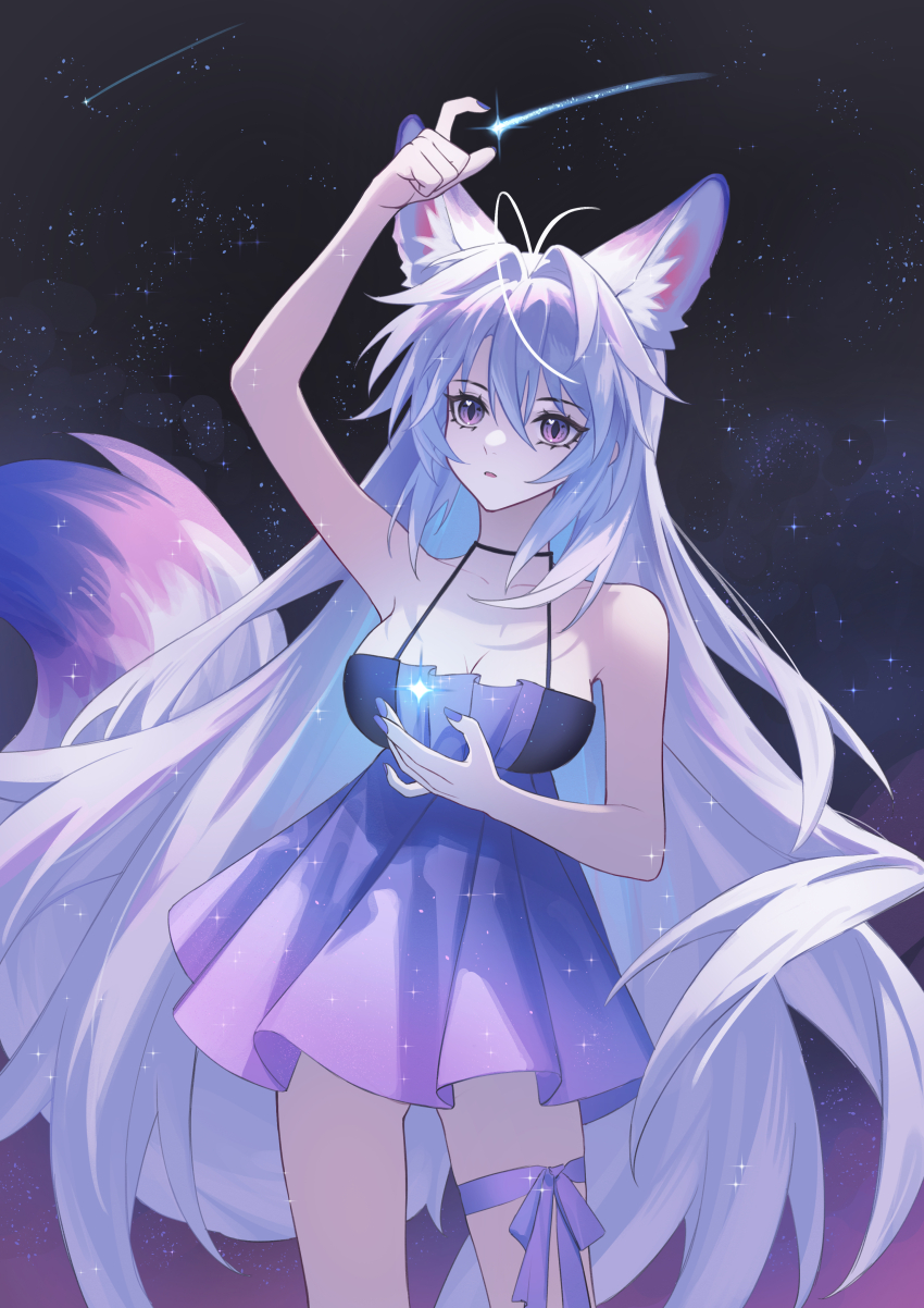 1girl absurdres animal_ear_fluff animal_ears arm_up bare_shoulders breasts cleavage collarbone commentary cowboy_shot dress extra_ears fox_ears fox_girl fox_tail gradient_sky hair_between_eyes hair_intakes highres large_breasts leg_ribbon long_hair looking_at_viewer luo_shun_yao meng_xi_xuan nail_polish night night_sky original parted_lips purple_dress purple_eyes purple_nails purple_ribbon purple_sky ribbon shooting_star sidelocks sky solo tail thigh_ribbon very_long_hair white_hair