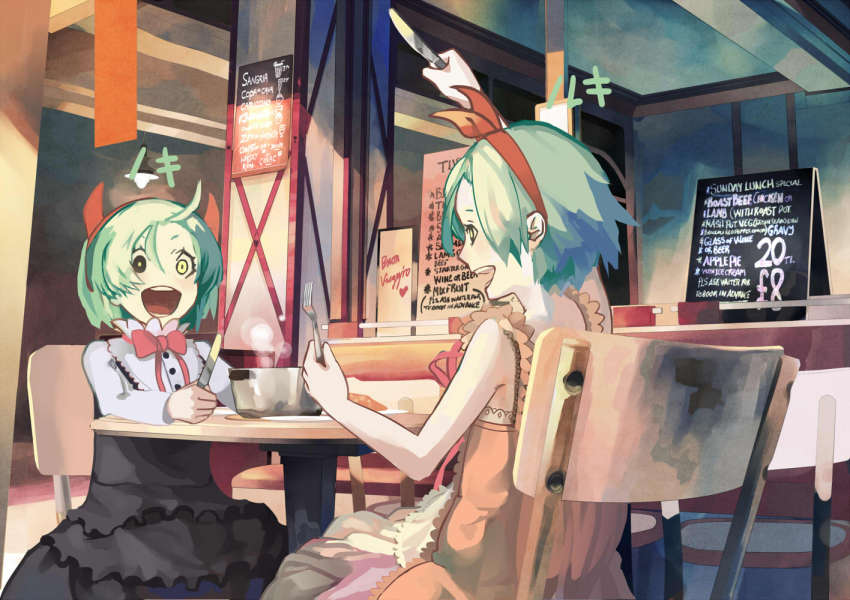 2girls a.r.k bare_shoulders bow butter_knife dogs:_bullets_&amp;_carnage dress green_hair hair_bow heterochromia luki menu multiple_girls noki siblings sisters slice_of_life twins yellow_eyes