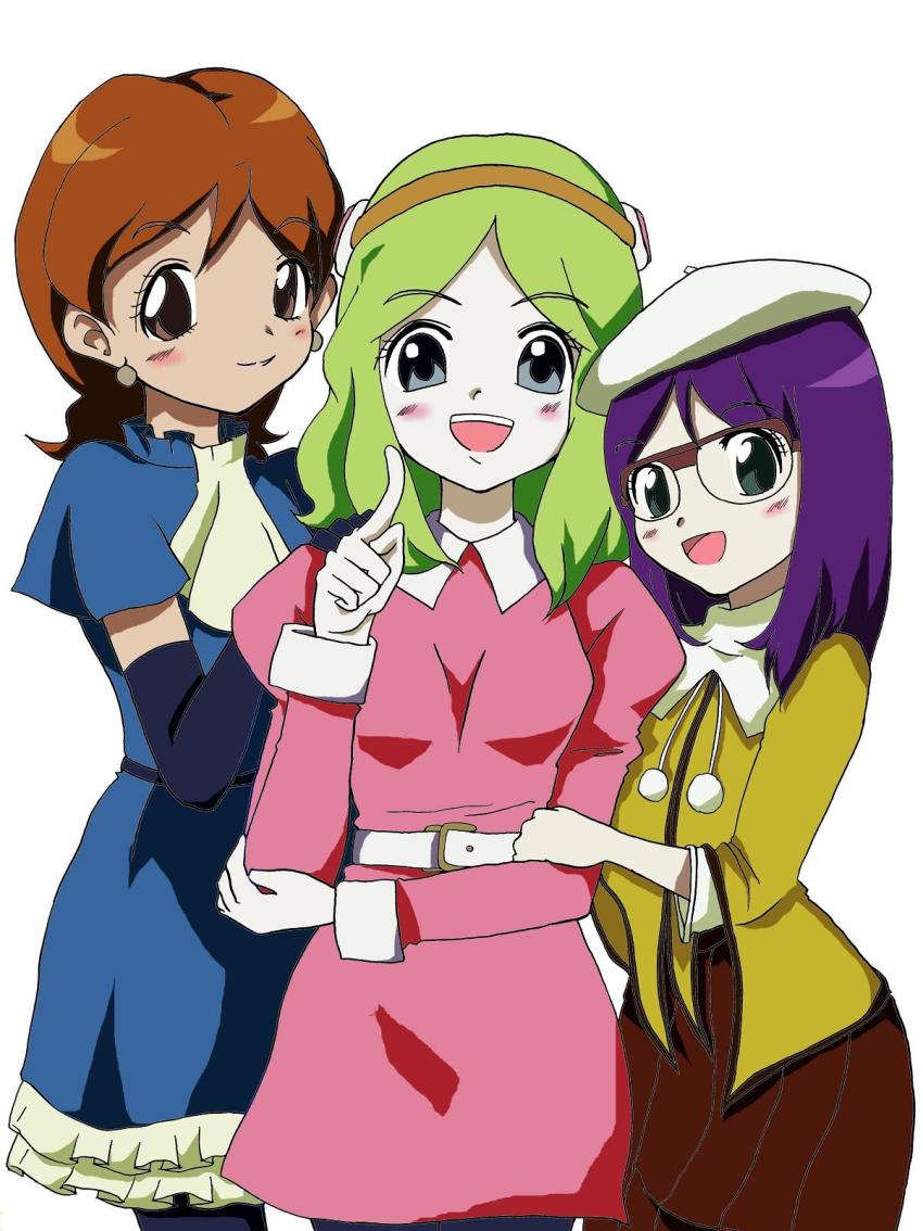 3girls black_eyes blue_dress brianne_de_chateau brown_eyes brown_hair dragon_ball dragon_ball_super dress friends glasses green_hair grin hat headband highres index_finger_raised looking_at_viewer multiple_girls open_mouth pink_dress purple_hair sanka_ku skirt smile su_roas