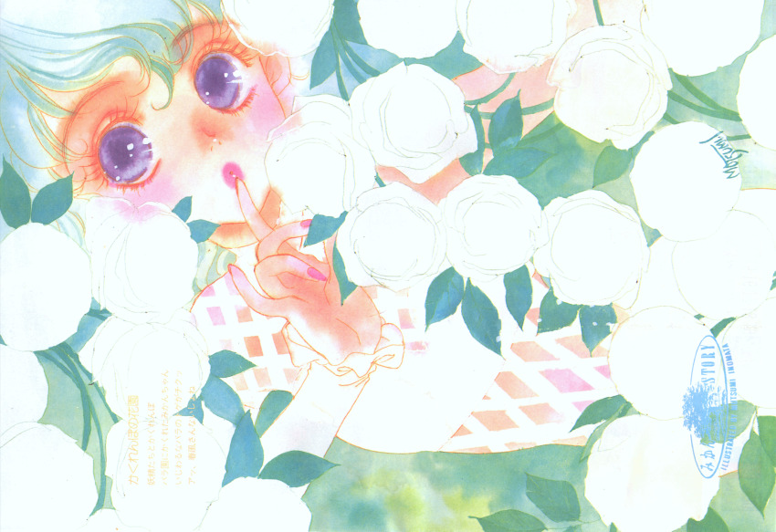 airbrush_(medium) aqua_hair copyright_request flower highres inomata_mutsumi leaf non-web_source purple_eyes rose white_flower white_rose