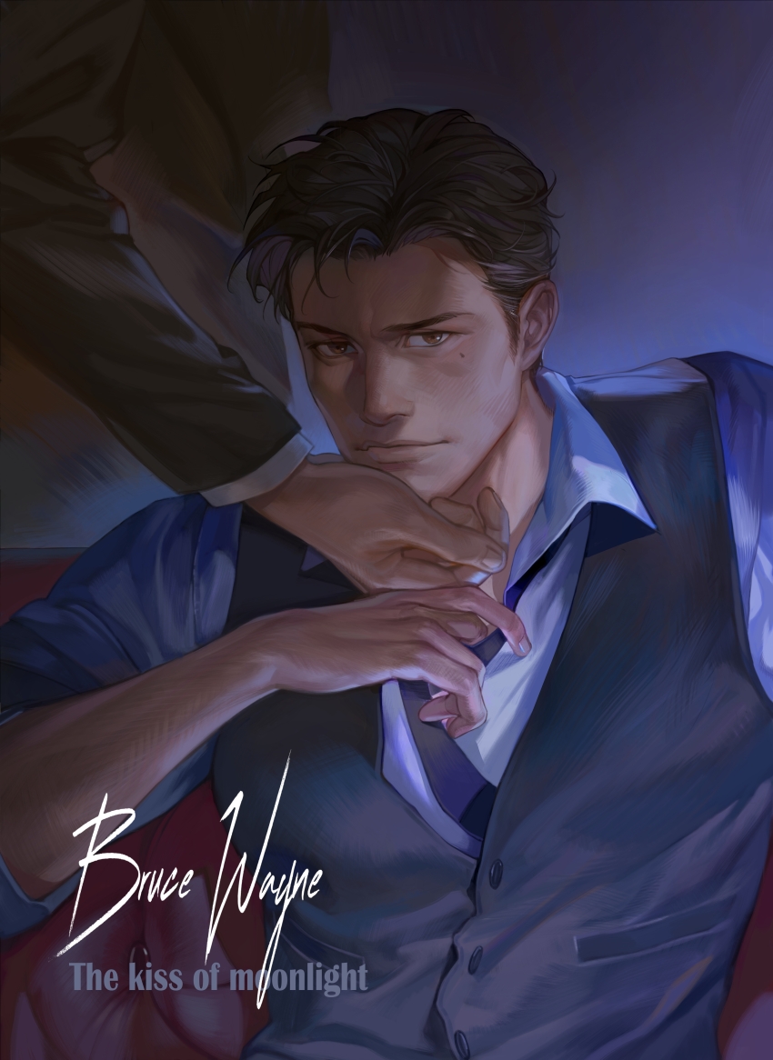 2boys absurdres batman_(series) black_hair black_vest bruce_wayne character_name closed_mouth collared_shirt cosmetics dc_comics highres looking_at_viewer male_focus multiple_boys necktie shirt short_hair sideburns solo_focus tobu_(bilibil) upper_body vest white_shirt