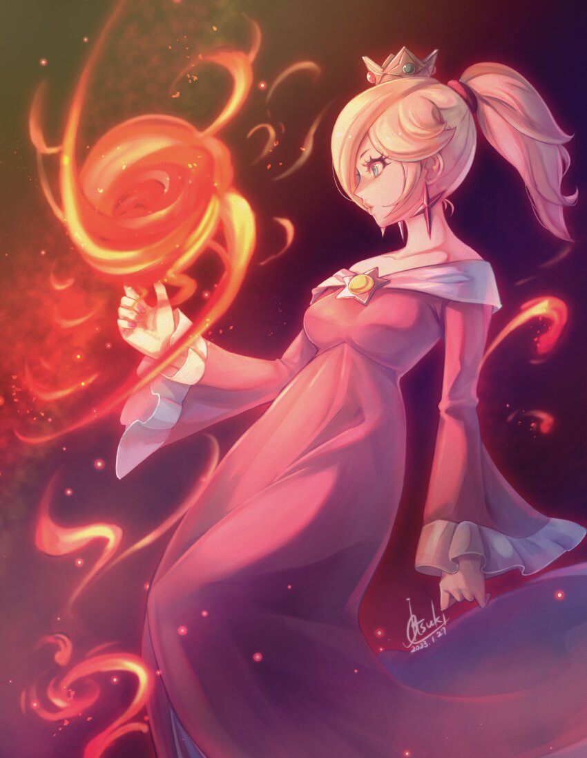 1girl absurdres alternate_hairstyle aqua_eyes artist_name bare_shoulders blonde_hair brooch closed_mouth collarbone commentary crown dated dress earrings english_commentary eyelashes fire fire_rosalina frilled_sleeves frills gem hair_ornament hair_tie hand_up high_ponytail highres jewelry lips long_hair long_sleeves mario_(series) mini_crown nintendo off-shoulder_dress off_shoulder parted_bangs ponytail profile red_dress rosalina sidelocks signature solo star_(symbol) star_earrings super_mario_3d_world swept_bangs tsuki_(applebeniakari) wide_sleeves