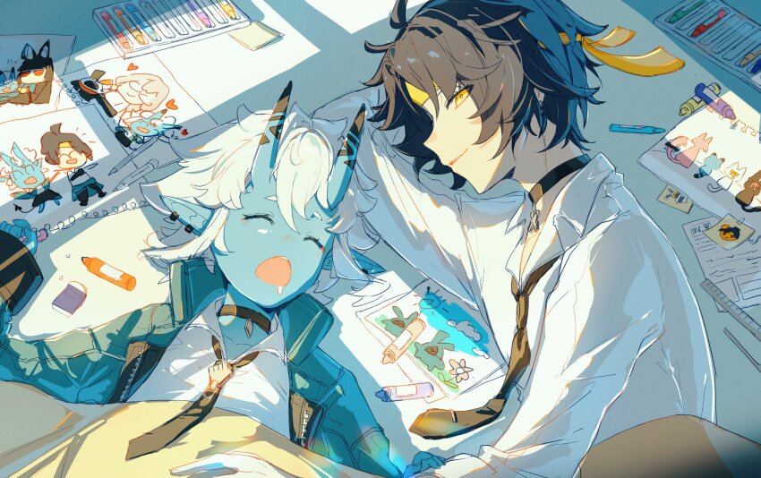 1boy 1girl asaba_harumasa asaba_harumasa_(cat) bangboo_(zenless_zone_zero) black_choker black_hair black_necktie blue_horns blue_oni blue_skin c_ixxp child&#039;s_drawing choker closed_eyes colored_skin crayon drawing_(object) drooling earrings eraser green_jacket hair_between_horns headband highres holding holding_crayon horns hoshimi_miyabi hoshimi_miyabi_(cat) jacket jewelry long_sleeves looking_at_viewer loose_necktie lying mouth_drool multicolored_horns necktie on_back on_side on_stomach oni open_mouth paper pencil pointy_ears ruler shirt skin-covered_horns sleeping soukaku_(cat) soukaku_(zenless_zone_zero) tie_clip tsukishiro_yanagi tsukishiro_yanagi_(cat) two-tone_horns white_hair white_shirt window_shadow yellow_headband zenless_zone_zero