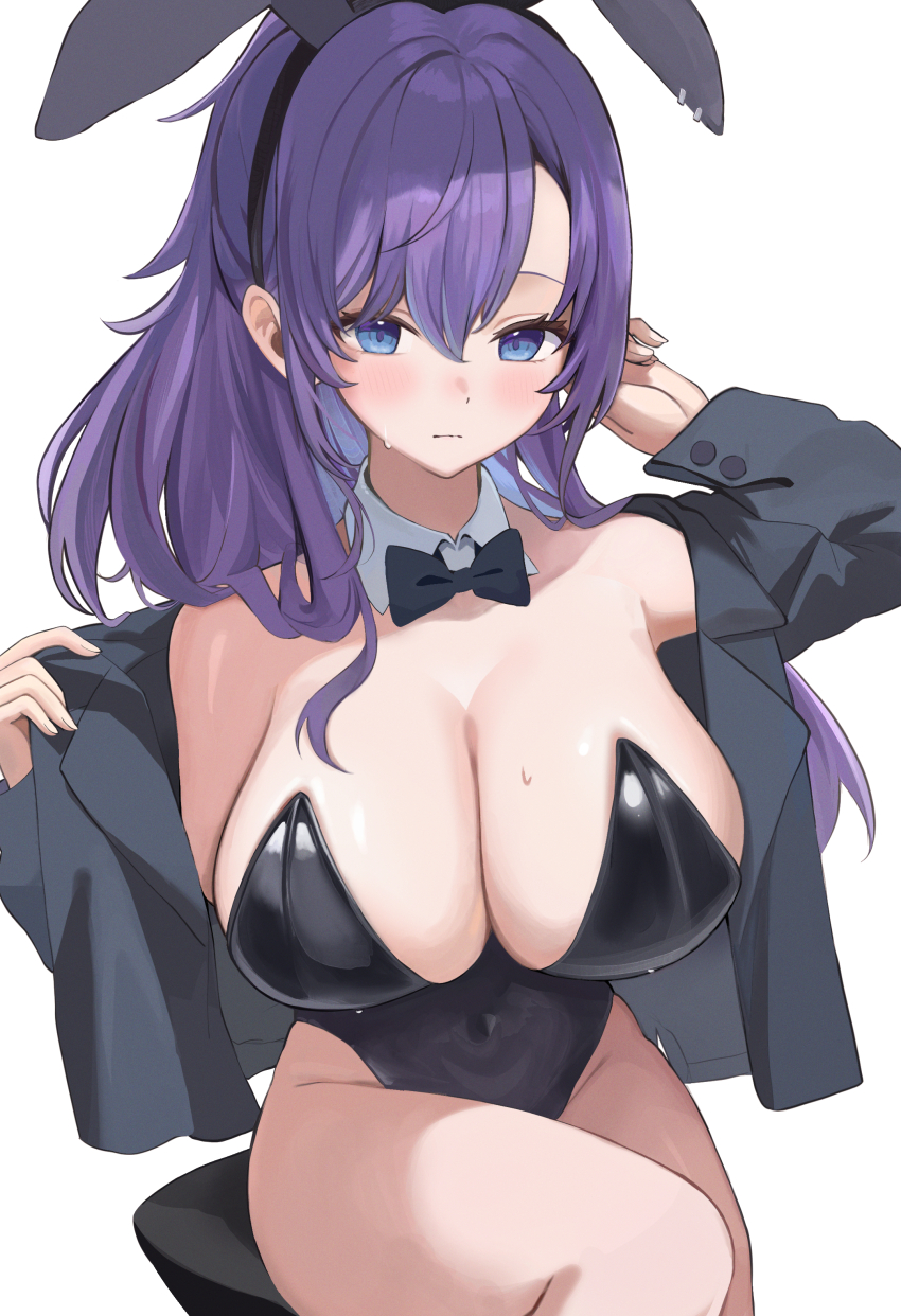 1girl absurdres animal_ears asahina_mafuyu bare_shoulders black_bow black_bowtie black_hairband black_leotard blue_eyes blush bow bowtie breasts cleavage closed_mouth commentary_request fake_animal_ears hair_between_eyes hair_over_shoulder hairband highleg highleg_leotard highres jacket jacket_partially_removed large_breasts leotard long_hair long_sleeves parted_bangs playboy_bunny project_sekai purple_hair rabbit_ears simple_background sitting solo sweat usagi_melon3 white_background wing_collar