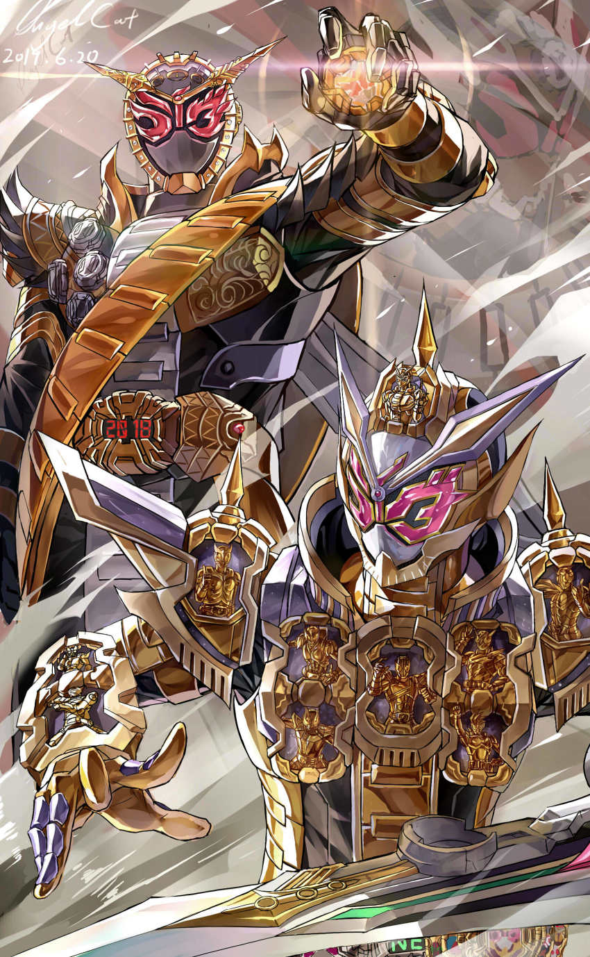 1boy 2018 2019 2boys absurdres apocalypse arm_up armor aura back-to-back belt black_armor black_boots black_gloves blue_sky bodysuit boots clenched_hand clock clock_hands commentary_request commission compound_eyes cowboy_shot dated death feimao_(angelcat) future gloves glowing glowing_eyes gold_armor gold_trim grand_zi-o_rider_watch helmet highres horns imminent_fight kamen_rider kamen_rider_555 kamen_rider_agito kamen_rider_agito_(series) kamen_rider_blade kamen_rider_blade_(series) kamen_rider_build kamen_rider_build_(series) kamen_rider_dcd kamen_rider_decade kamen_rider_den-o kamen_rider_den-o_(series) kamen_rider_double kamen_rider_drive kamen_rider_drive_(series) kamen_rider_ex-aid kamen_rider_ex-aid_(series) kamen_rider_faiz kamen_rider_fourze kamen_rider_fourze_(series) kamen_rider_gaim kamen_rider_gaim_(series) kamen_rider_ghost kamen_rider_ghost_(series) kamen_rider_grand_zi-o kamen_rider_hibiki kamen_rider_hibiki_(series) kamen_rider_kabuto kamen_rider_kabuto_(series) kamen_rider_kiva kamen_rider_kiva_(series) kamen_rider_kuuga kamen_rider_kuuga_(series) kamen_rider_ooo kamen_rider_ooo_(series) kamen_rider_ryuki kamen_rider_ryuki_(series) kamen_rider_w kamen_rider_wizard kamen_rider_wizard_(series) kamen_rider_zi-o kamen_rider_zi-o_(series) kamen_rider_zi-o_ouma kamen_rider_zi-o_the_movie:over_quartzer katakana kuuga_riderwatch loincloth long_coat male_focus multiple_boys official_alternate_costume open_hand ouma_zi-o ouma_zi-o_rider_watch pink_eyes powering_up red_eyes rider_belt rider_watch saikyo_zikan_girade shoulder_armor single_horn skeb_commission sky solo spotlight standing summoning sword throne time_paradox time_travel tokusatsu trait_connection type_tridoron vest waistcoat weapon ziku_driver