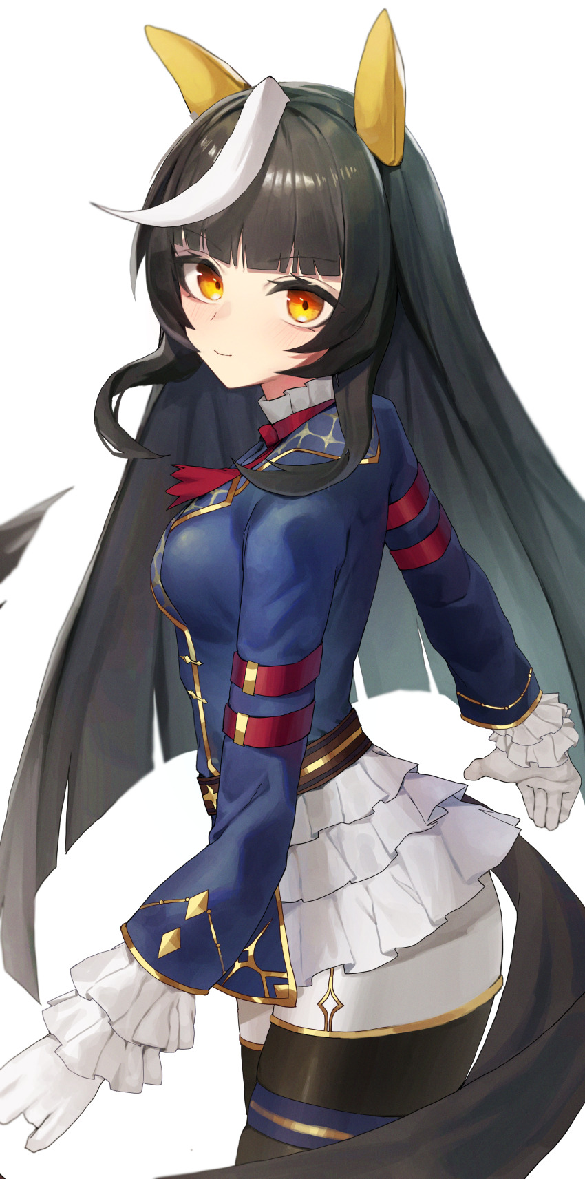 1girl absurdres ahoge animal_ears ascot belt black_hair black_pantyhose blunt_bangs breasts brown_belt buttons calstone_light_o_(umamusume) commentary cowboy_shot double-breasted ear_covers frilled_sleeves frills from_above gloves gradient_eyes highres horse_ears horse_girl horse_tail leste_(humansequencer) long_hair long_sleeves looking_at_viewer multicolored_eyes multicolored_hair pantyhose puffy_long_sleeves puffy_sleeves red_ascot ribbon simple_background solo streaked_hair striped_hair tail thigh_strap umamusume white_background white_gloves white_hair yellow_eyes yellow_ribbon