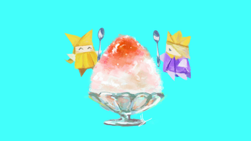 1boy 1girl ^_^ blonde_hair blue_background blush_stickers botamoochi bowl brother_and_sister cape closed_eyes crown floating food glass_bowl hair_over_one_eye happy hat highres holding holding_spoon king_olly long_hair mario_(series) nintendo olivia_(paper_mario) origami oversized_food oversized_object paper_mario paper_mario:_the_origami_king purple_cape purple_shirt shaved_ice shirt short_hair siblings signature simple_background spoon yellow_crown yellow_hat yellow_shirt