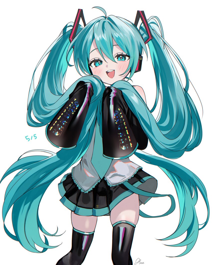 1girl absurdres alternate_body_size black_skirt black_sleeves black_thighhighs blue_eyes blue_hair blush dated grey_shirt hair_between_eyes hatsune_miku haze_(ohw8g) highres long_hair open_mouth shirt sidelocks skirt sleeves_past_fingers sleeves_past_wrists solo teeth thighhighs twintails upper_teeth_only vocaloid