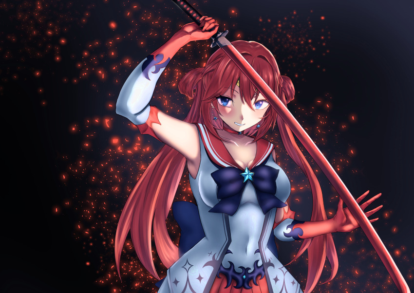 1girl back_bow black_background blue_bow blue_eyes bow breasts brooch choker circlet collarbone cosplay covered_navel double_bun earrings elbow_gloves gloves hair_between_eyes hair_bun hair_rings highres holding holding_sword holding_weapon indie_virtual_youtuber jewelry katana kisaragi_karen_(vtuber) large_breasts long_hair looking_at_viewer magical_girl pleated_skirt red_gloves red_hair red_sailor_collar red_skirt sailor_collar shinokana skirt sleeveless smile solo star_(symbol) star_earrings sword tiara twintails variant_set virtual_youtuber weapon