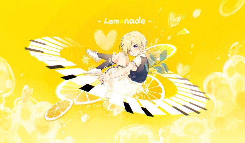 1girl air_bubble black_shirt black_socks blonde_hair blush bubble closed_mouth collared_shirt commentary english_commentary eyes_visible_through_hair food fruit full_body hair_over_one_eye heart highres lemon lemon_slice lemonade_(love_live!) looking_at_viewer love_live! love_live!_nijigasaki_high_school_idol_club mia_taylor miniskirt official_alternate_costume piano_keys purple_eyes shirt shoes short_hair short_sleeves skirt sneakers socks solo song_name starringooo white_shoes white_skirt white_sleeves yellow_background