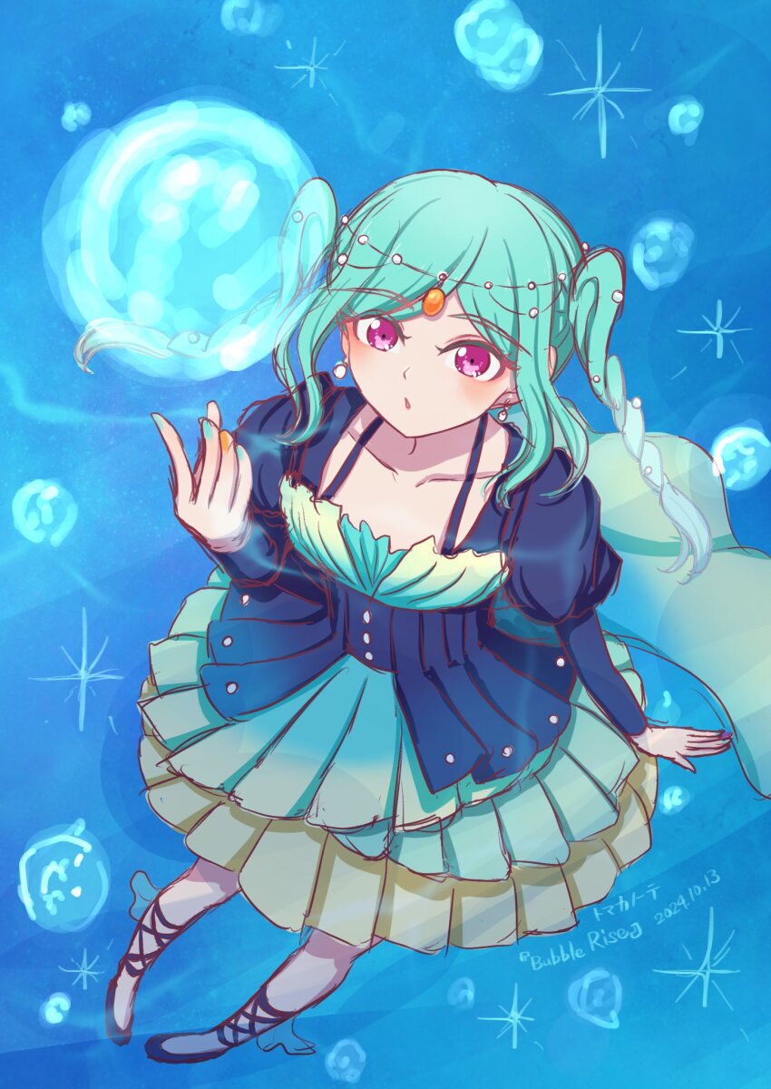 1girl air_bubble alt_text aqua_hair blue_background blue_dress blush bubble bubble_rise_(love_live!) collarbone commentary_request dated dress full_body group_name highres juliet_sleeves long_sleeves looking_at_viewer love_live! love_live!_superstar!! medium_dress official_alternate_costume onitsuka_tomari parted_lips pink_eyes puffy_sleeves seiha_(hnumkt) solo song_name translation_request