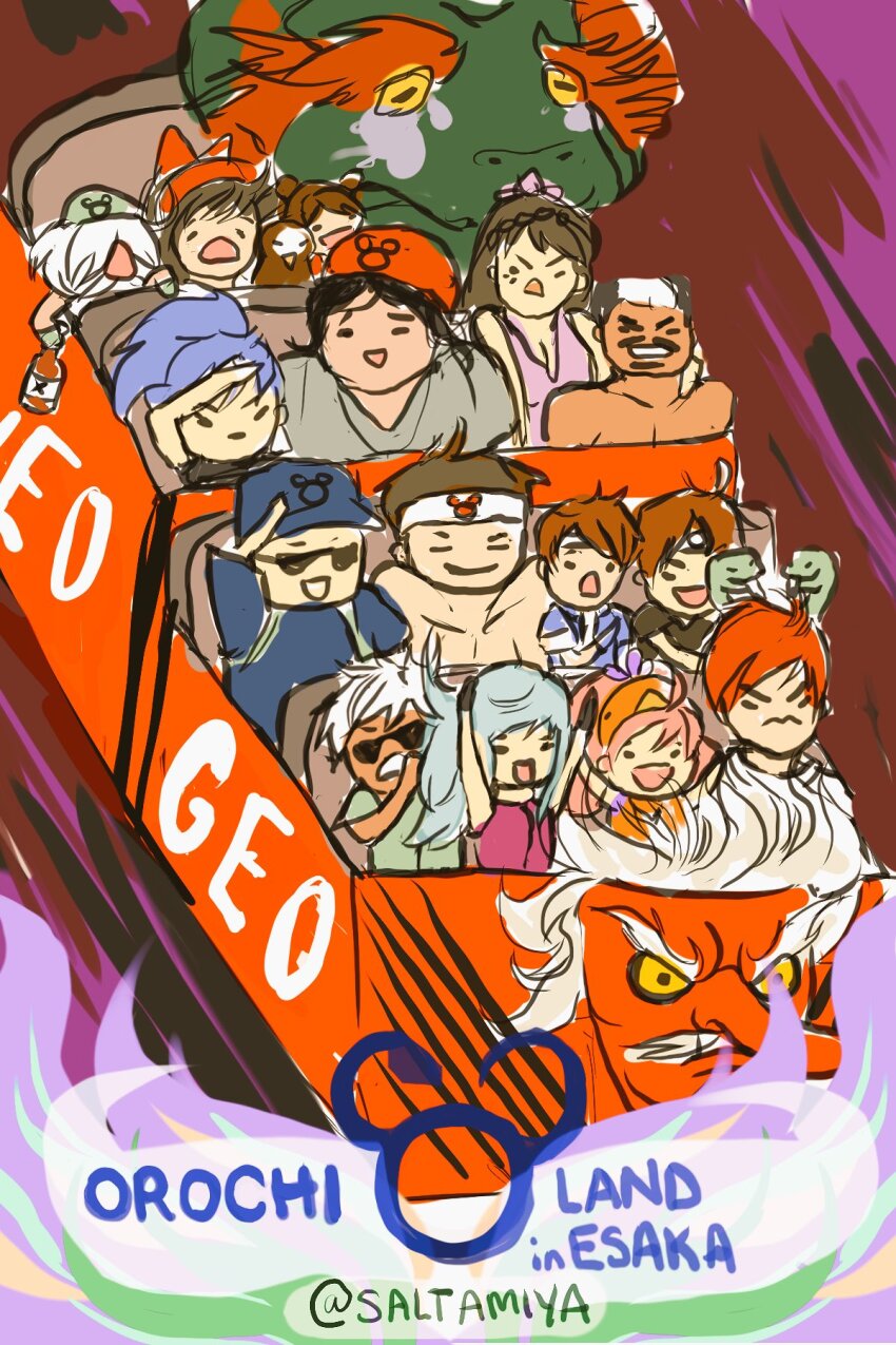 6+boys 6+girls amusement_park artist_name asamiya_athena blue_hair brown_hair chin_gentsai clark_still daimon_gorou dark-skinned_male dark_skin double_bun gang-il hachimaki hair_bun headband highres k&#039;_(kof) kula_diamond kusanagi_kyou leona_heidern luong mamahaha mui_mui_(snk) multiple_boys multiple_girls nakoruru open_mouth pink_hair ponytail purple_hair ralf_jones salute samurai_spirits scared short_hair smile snk the_king_of_fighters yagami_iori