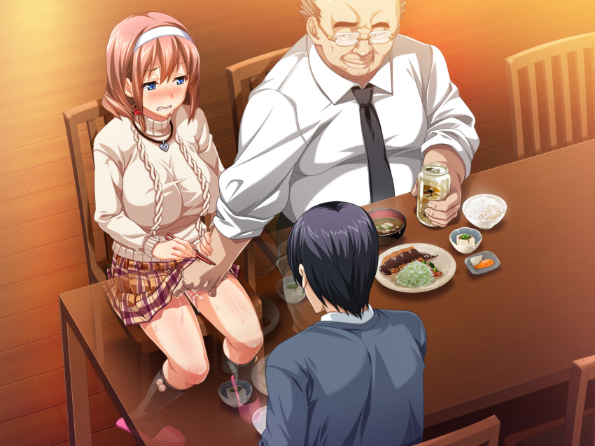 1girl 2boys aran_sweater asaoka_arata asaoka_genzo balding beer_can black_hair black_necktie black_socks blue_eyes blush breasts brown_hair cable_knit can chair clenched_teeth collared_shirt drink_can dutch_angle embarrassed fingering fingering_through_clothes food glasses grabbing_another&#039;s_arm hair_between_eyes hairband hand_on_own_chest heart heart_necklace hinomoto_koharu implied_fingering impossible_clothes impossible_sweater indoors jewelry kedamono-tachi_no_sumu_ie_de large_breasts long_sleeves looking_at_another medium_hair multiple_boys necklace necktie nervous netorare plaid_clothes plaid_skirt pussy_juice shirt sitting skirt slippers smile socks sweater table takeda_hiromitsu teeth through_clothes turtleneck turtleneck_sweater ugly_bastard white_hairband white_shirt wooden_floor wooden_table x-ray