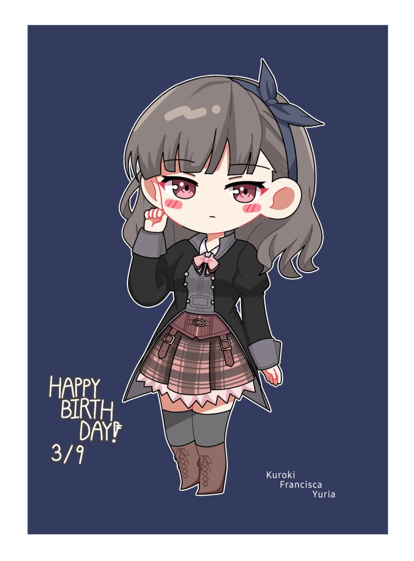 1girl arm_at_side assault_lily black_hair black_jacket black_thighhighs blue_background blue_bow blue_hairband blunt_bangs blush boots border bow bow_hairband bowtie brown_boots brown_skirt character_name chibi closed_mouth commentary corset expressionless full_body hair_bow hairband hand_up happy_birthday heel_up highres jacket juliet_sleeves knee_boots kuroki_francisca_yuria lace-up_boots long_sleeves looking_at_viewer ludvico_private_girls&#039;_academy_school_uniform medium_hair miniskirt outline outside_border pink_bow pink_bowtie plaid_clothes plaid_skirt puffy_sleeves red_eyes school_uniform simple_background skirt solo thighhighs wavy_hair white_border white_outline yui_(yui1115_)