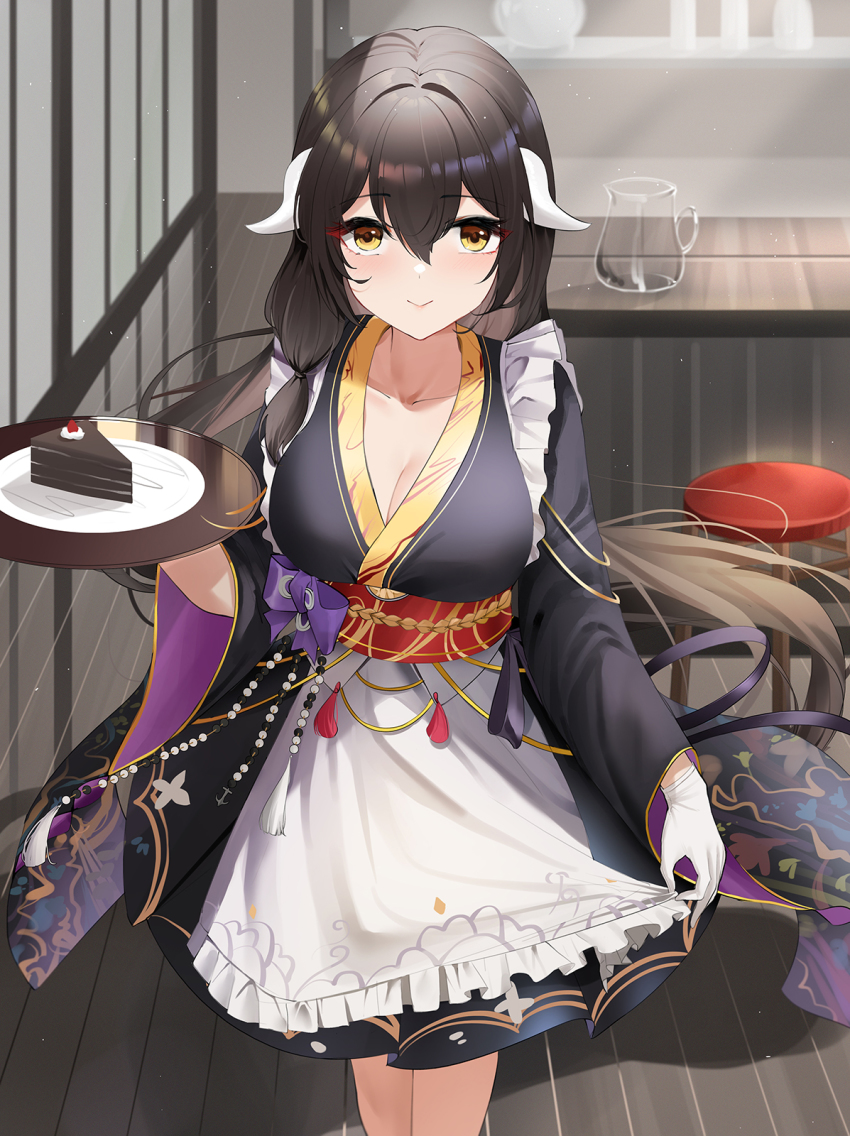 1girl apron azur_lane black_hair breasts cleavage closed_mouth colored_eyelashes frilled_apron frills highres long_hair maid mikasa_(a_romantic_respite)_(azur_lane) mikasa_(azur_lane) official_alternate_costume qing_wu skirt_hold smile solo wa_maid white_apron