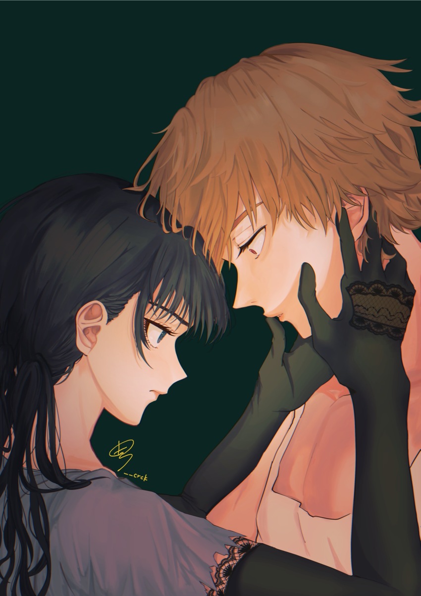 1boy 1girl black_eyes black_gloves black_hair blonde_hair brown_eyes chainsaw_man closed_mouth crck denji_(chainsaw_man) elbow_gloves gloves grey_shirt hetero highres long_hair low_twintails mitaka_asa shirt short_hair twintails