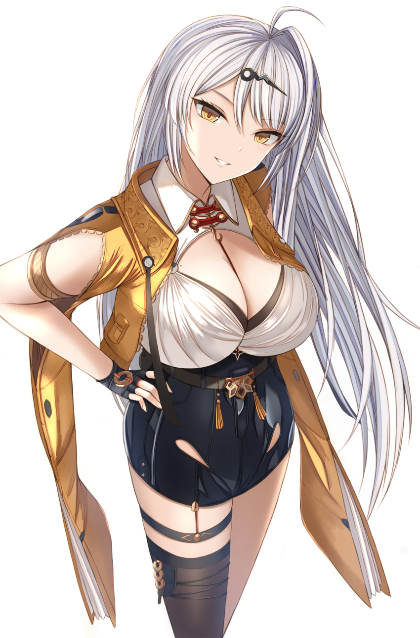 1girl black_shorts highres jacket kanpyou_(hghgkenfany) long_hair looking_at_viewer shorts single_hair_intake straight_hair white_background white_hair yellow_eyes yellow_jacket yixuan_(zenless_zone_zero) zenless_zone_zero