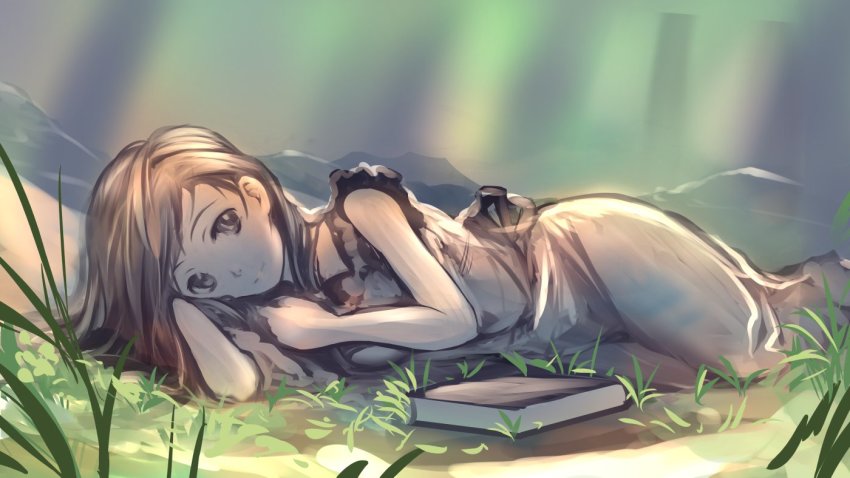 1girl arm_support book brown_eyes brown_hair dress female_focus grass long_hair looking_at_viewer lying muted_color on_ground on_side original outdoors sketch smile solo soraizumi sunlight