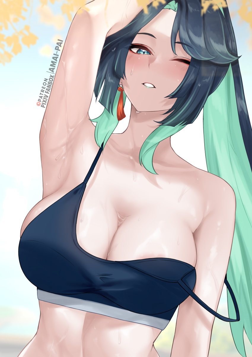 1girl absurdres amai-pai aqua_eyes aqua_hair aqua_lips arm_up armpits blue_hair breasts cleavage cloud_retainer_(genshin_impact) colored_inner_hair commentary crop_top genshin_impact highres large_breasts long_hair looking_at_viewer midriff multicolored_hair one_eye_closed solo sports_bra stomach strap_slip sweat upper_body very_long_hair xianyun_(genshin_impact)