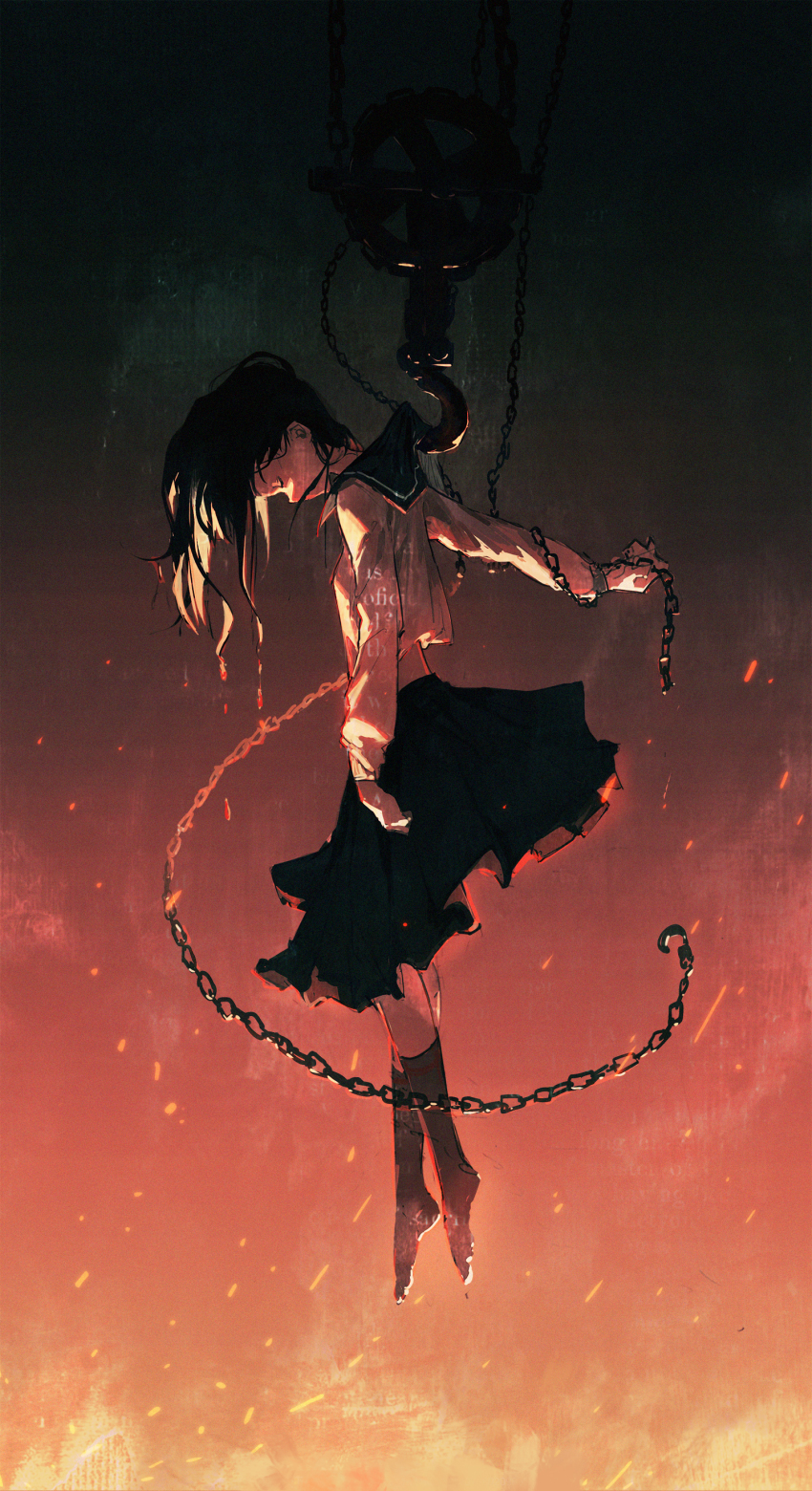 1girl absurdres black_hair black_skirt black_socks chain darkness dino_(dinoartforame) fire full_body highres holding holding_chain hook long_hair long_sleeves original sailor_collar shirt skirt socks solo sparks suspension unconscious white_shirt