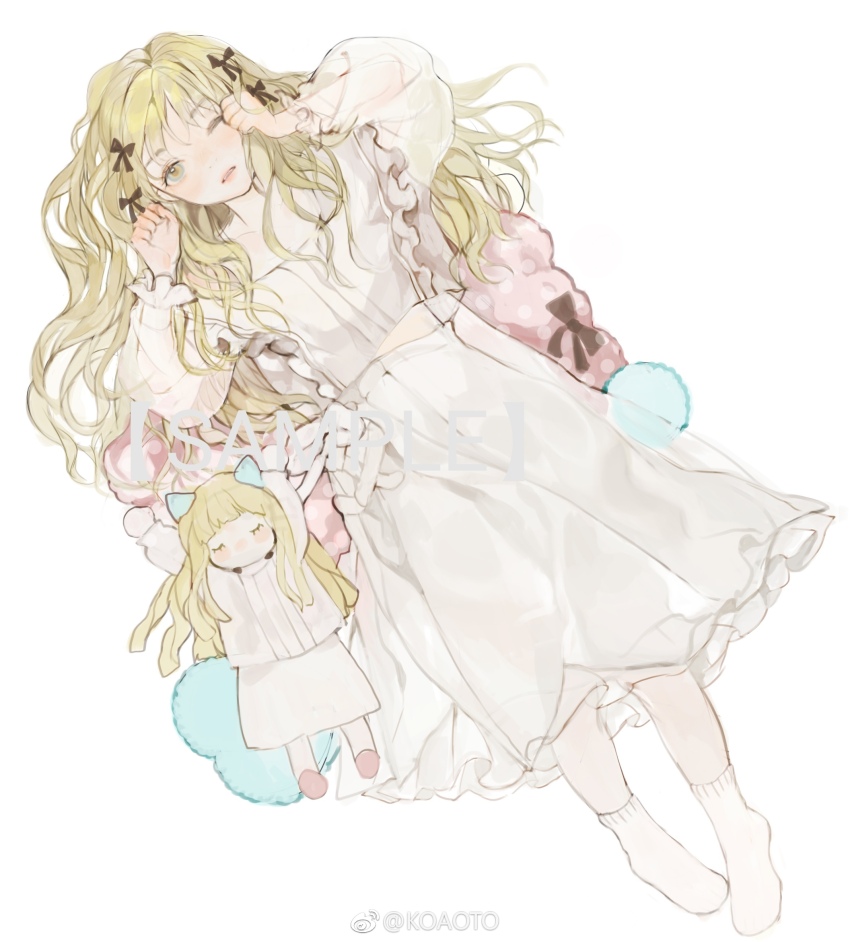 1girl black_bow blonde_hair bow center_frills chinese_commentary commentary_request commission cross-laced_clothes cross-laced_skirt doll eyelashes frills full_body hair_bow hair_spread_out highres koaoto light_blush lipstick long_hair long_skirt long_sleeves looking_at_viewer lying makeup midriff_peek multiple_hair_bows on_back one_eye_closed original parted_lips pillow pink_lips puffy_long_sleeves puffy_sleeves rubbing_eyes sample_watermark shirt sidelocks simple_background skirt skirt_set sleepy socks solo watermark weibo_watermark white_background white_shirt white_skirt white_socks yellow_eyes