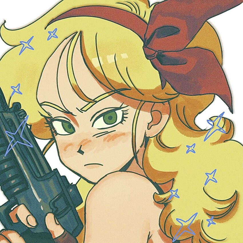 1girl bare_shoulders blonde_hair blush bochi_de396 brown_gloves commentary curly_hair dragon_ball dragon_ball_(classic) film_grain fingerless_gloves frown gloves green_eyes gun hair_ribbon highres holding holding_gun holding_weapon long_hair looking_at_viewer lunch_(bad)_(dragon_ball) lunch_(dragon_ball) red_ribbon ribbon solo sparkle symbol-only_commentary weapon weapon_request white_background