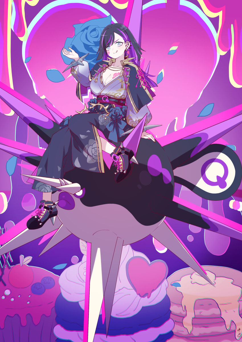 1girl :q absurdres black_hair blue_flower blue_petals blueberry blush bracelet breast_tattoo breasts butter capelet cleavage closed_mouth commentary_request dessert ear_piercing earrings floral_print floral_print_kimono flower flower_tattoo food fruit game_freak glassy0302 grey_eyes heart highres japanese_clothes jewelry kimono kuraishi_rinngo long_hair long_sleeves multicolored_hair nintendo original overqwil pale_skin pancake pancake_stack piercing pokemon pokemon_(creature) print_kimono purple_hair smile spiked_bracelet spiked_capelet spikes tattoo tongue tongue_out two-tone_hair v-shaped_eyes