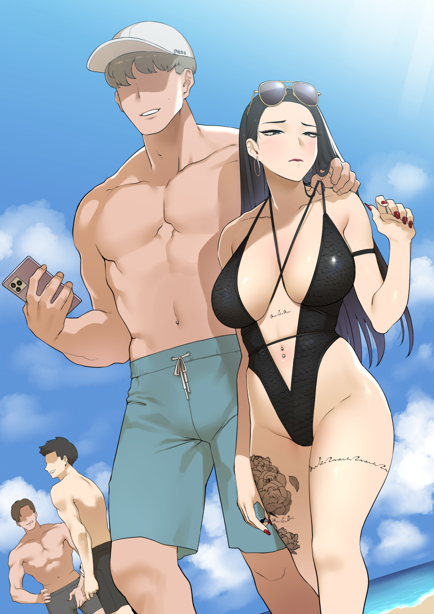 1girl 3boys absurdres ah-lyong_lee arm_around_shoulder baseball_cap beach beach_nanpa black_eyes black_hair black_jammers black_male_swimwear black_one-piece_swimsuit black_swim_trunks blue_male_swimwear blue_sky blue_swim_trunks blush breasts cellphone cleavage closed_mouth cloud cloudy_sky day earrings embarrassed eyeshadow eyewear_on_head faceless faceless_male feet_out_of_frame fingernails flower_tattoo frown furrowed_brow groin hand_under_clothes hand_under_swimsuit hat highres holding holding_phone hoop_earrings jammers jewelry korean_commentary large_breasts leg_tattoo lips lipstick long_hair looking_down makeup male_swimwear multiple_boys nail_polish navel navel_piercing no_eyes one-piece_swimsuit original outdoors phone piercing purple_eyeshadow red_lips red_nails sharp_fingernails short_hair sky smartphone stomach_tattoo straight_hair sunglasses sunlight swim_trunks swimsuit tattoo topless_male walking white_headwear