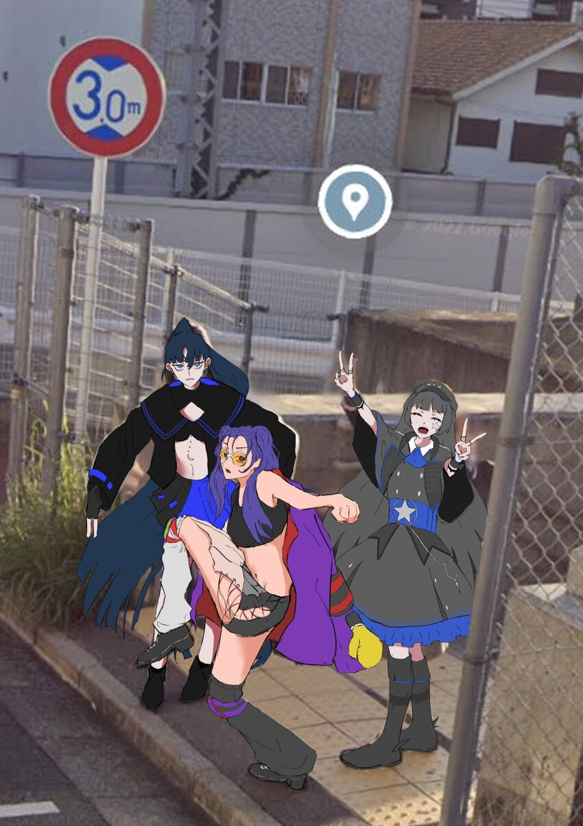 ado_(utaite) bikini black_bikini black_cape black_dress black_footwear black_leg_warmers black_sailor_collar black_shirt black_shorts black_skirt black_tank_top blue_eyes blue_skirt boots cape commentary_request crop_top double_v dress freedom-chan_(ado) freedom_(ado) hair_between_eyes high_school_girls_posing_for_google_street_view_(meme) highres jewelry leg_warmers long_hair looking_at_viewer meme midriff multiple_rings naima_(ado) navel odo-chan_(ado) odo_(song) open_clothes open_mouth open_shirt pleated_skirt ponytail purple_hair ring sailor_collar school_uniform serafuku shirt shorts sido_(sido_mrtsnkc) skirt swimsuit tank_top tinted_eyewear twintails two-tone_skirt usseewa v white_leg_warmers yellow-tinted_eyewear