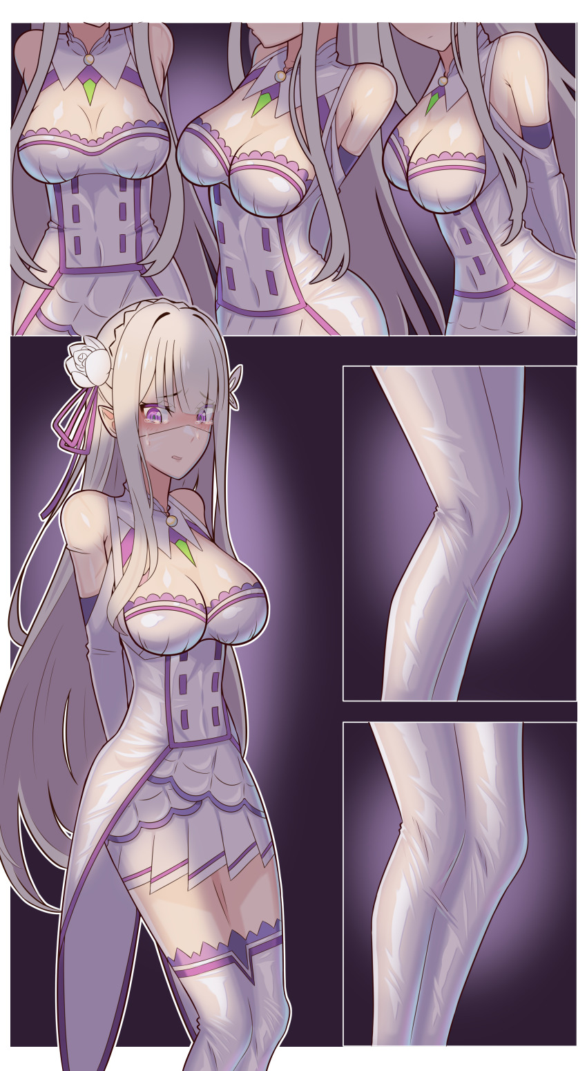 1girl absurdres bare_shoulders bodysuit bone_ko braid breasts crown_braid dress elf emilia_(re:zero) flower gem green_gemstone hair_flower hair_ornament hair_ribbon highres long_hair pointy_ears purple_eyes purple_ribbon re:zero_kara_hajimeru_isekai_seikatsu restrained ribbon rose solo sticky white_flower white_hair white_rose