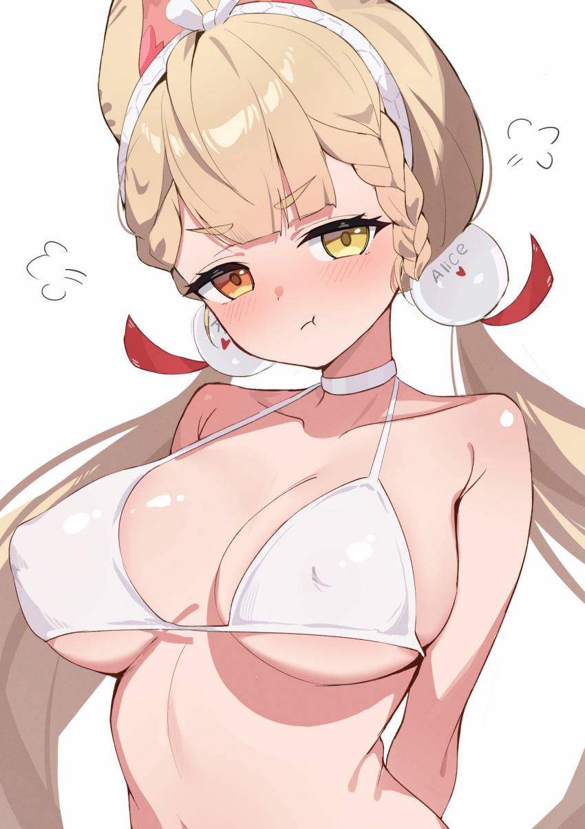 1girl :t alice_thymefield animal_ears arms_behind_back bikini bitseon blonde_hair braid breasts choker closed_mouth collarbone commentary covered_erect_nipples fox_ears fox_girl heterochromia highres large_breasts long_hair looking_at_viewer pout puff_of_air red_eyes solo swimsuit twintails upper_body white_bikini white_choker yellow_eyes zenless_zone_zero